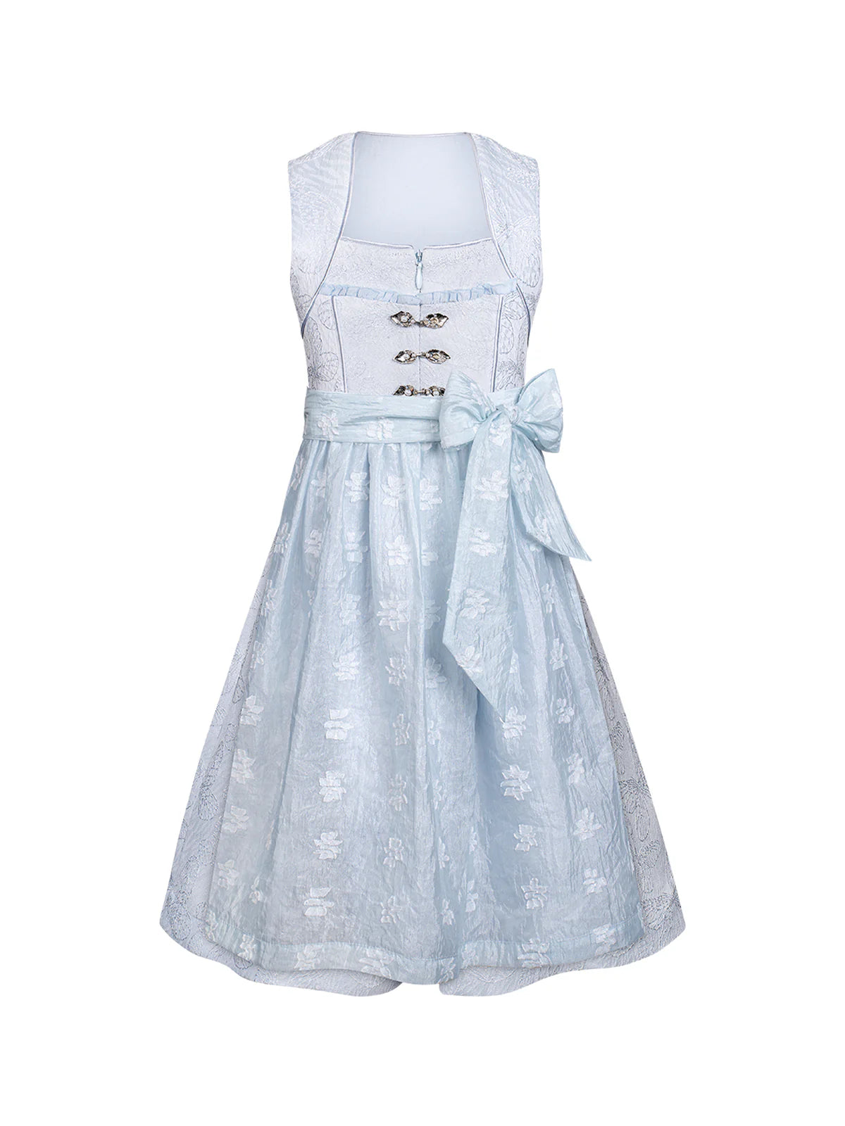 Die Schönheit von weißem Spitzenbody und babyblauem Dirndl