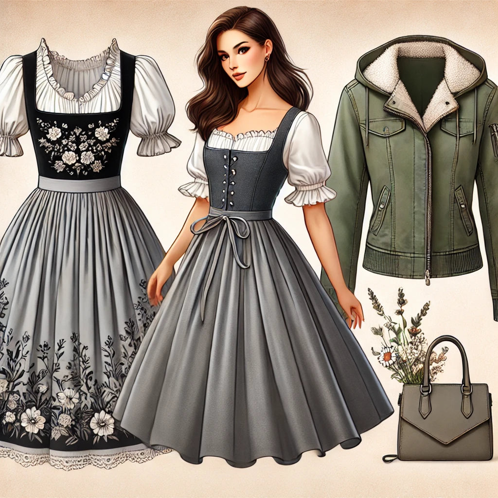 Die Schönheit von günstigem Samtdirndl, grauem Dirndl und olivfarbener Damenjacke