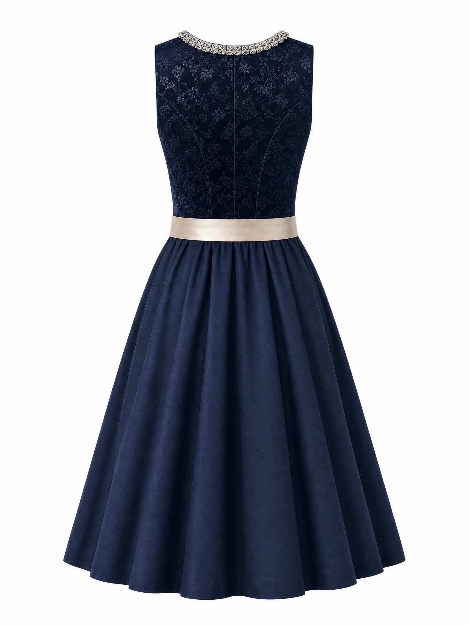 Dirndl Aurelia in Mitternachtsblau mit Champagner Schürze - Rückansicht