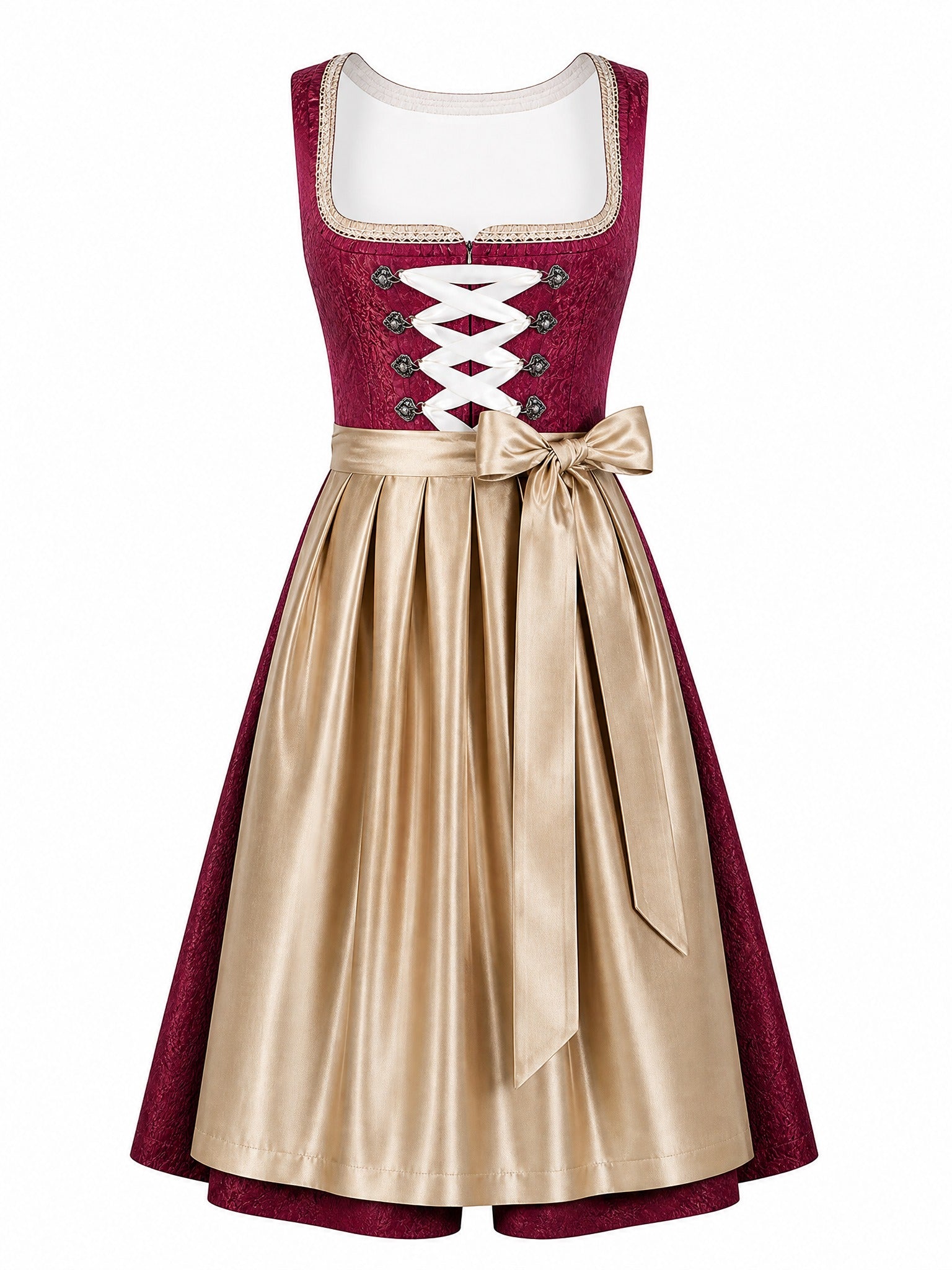 Dirndl Karla in Cranberryrot mit Antikgold Schürze - Vorderansicht