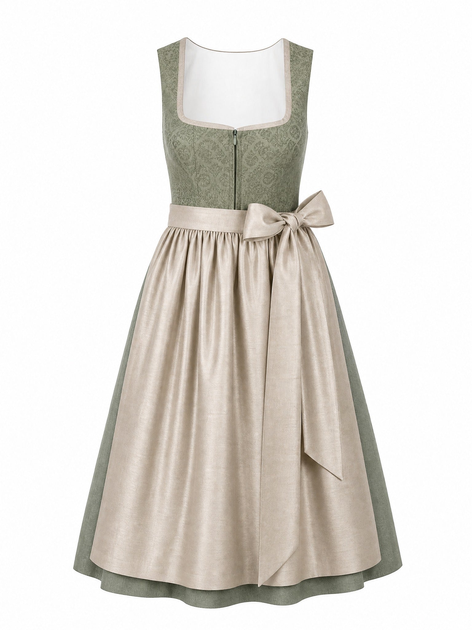 Dirndl Annika in Moosgrün mit Warmer Sand Schürze - Vorderansicht