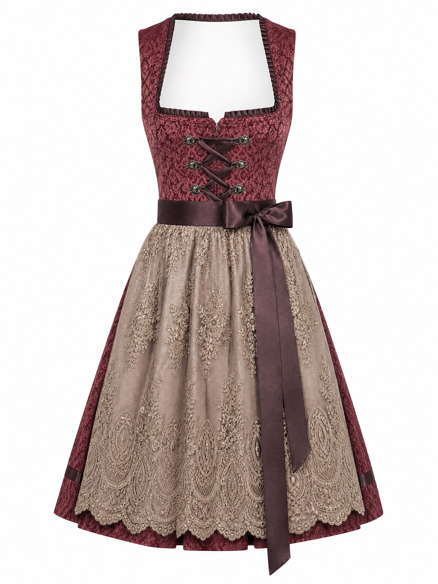 Dirndl Cecilia in Weinrot mit Taupe Schürze - Vorderansicht