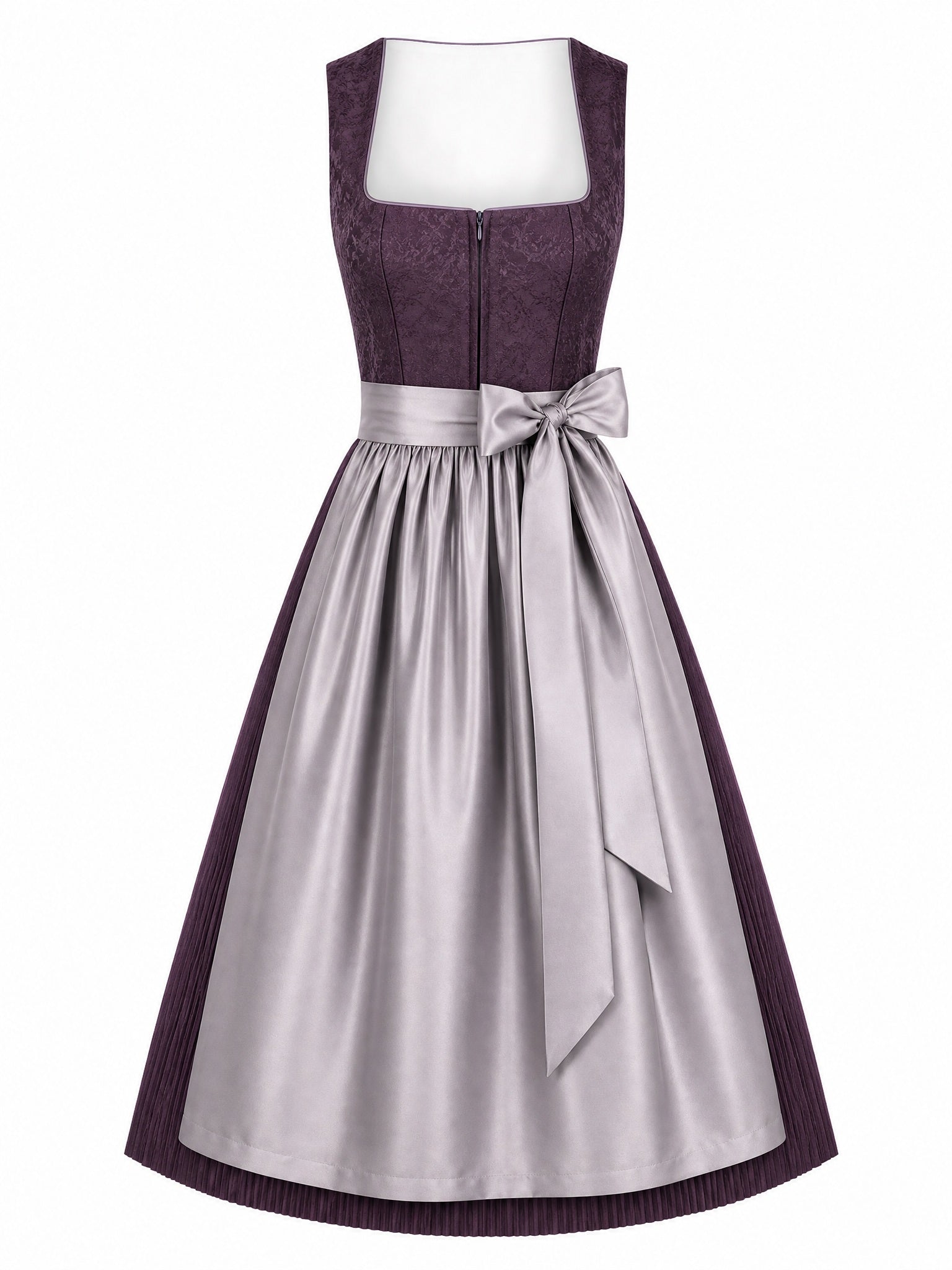 Dirndl Jana in Aubergine mit Perlgrau Schürze - Vorderansicht