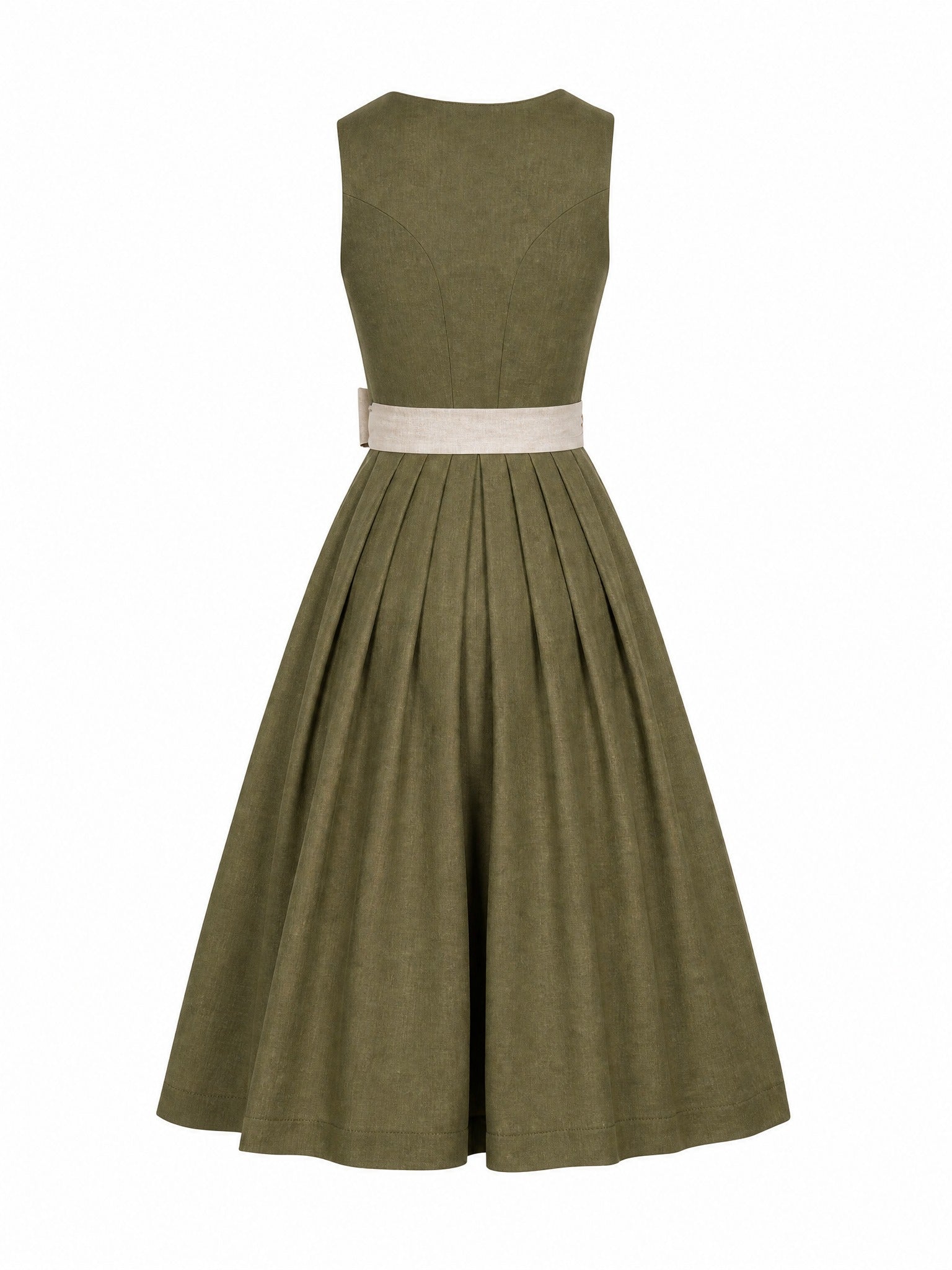 Dirndl Juliana in Dunkeloliv mit Flachs Schürze - Rückansicht
