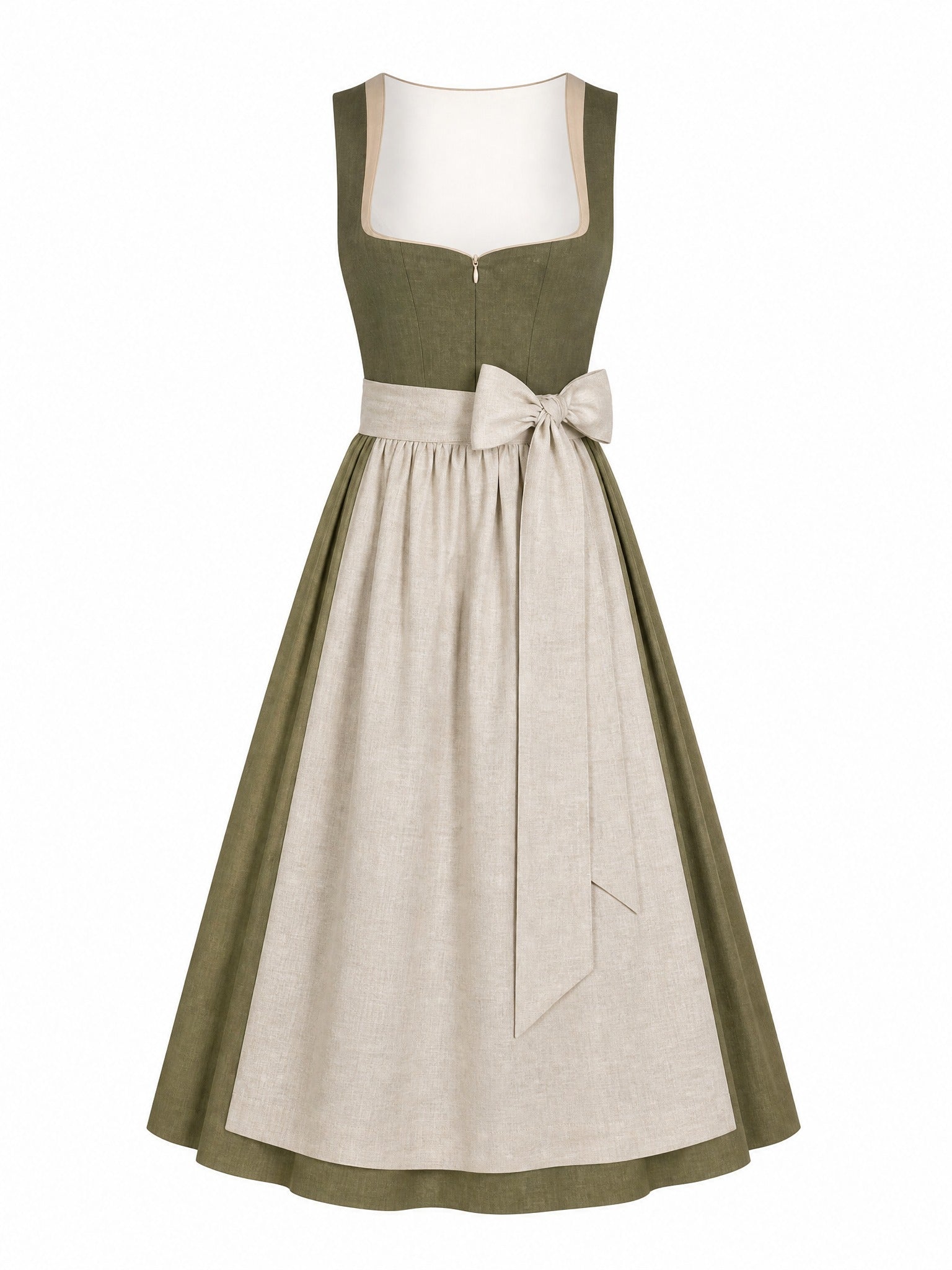 Dirndl Juliana in Dunkeloliv mit Flachs Schürze - Vorderansicht