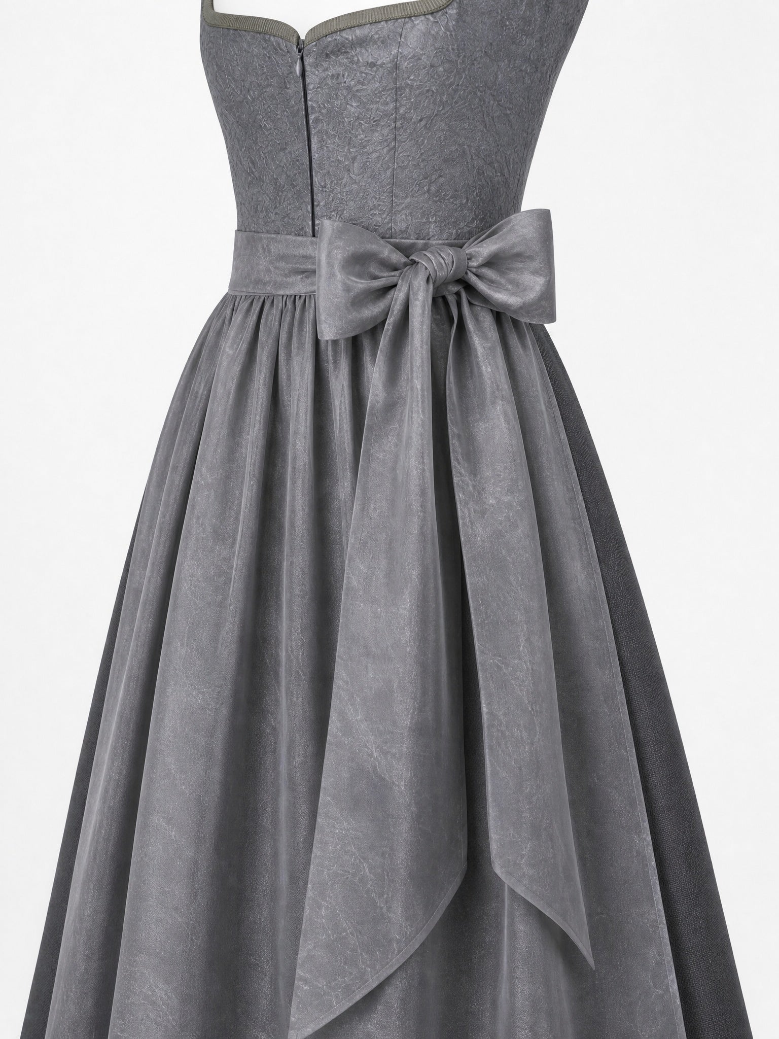 Dirndl Nadja in Schiefergrau mit Sturmgrau Schürze - Detailansicht Taille und Schleife