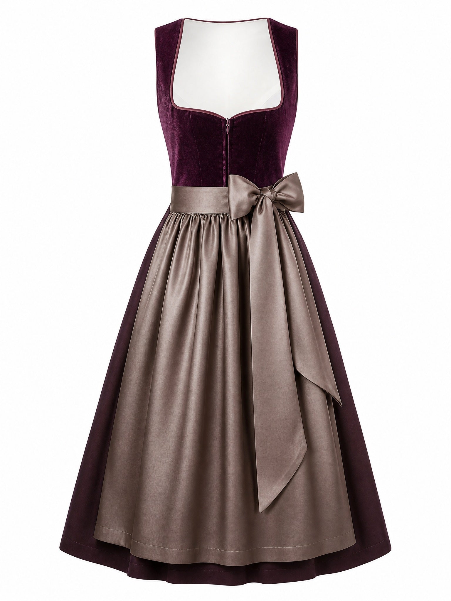 Dirndl Pia in Brombeere mit Taupe Schürze - Vorderansicht
