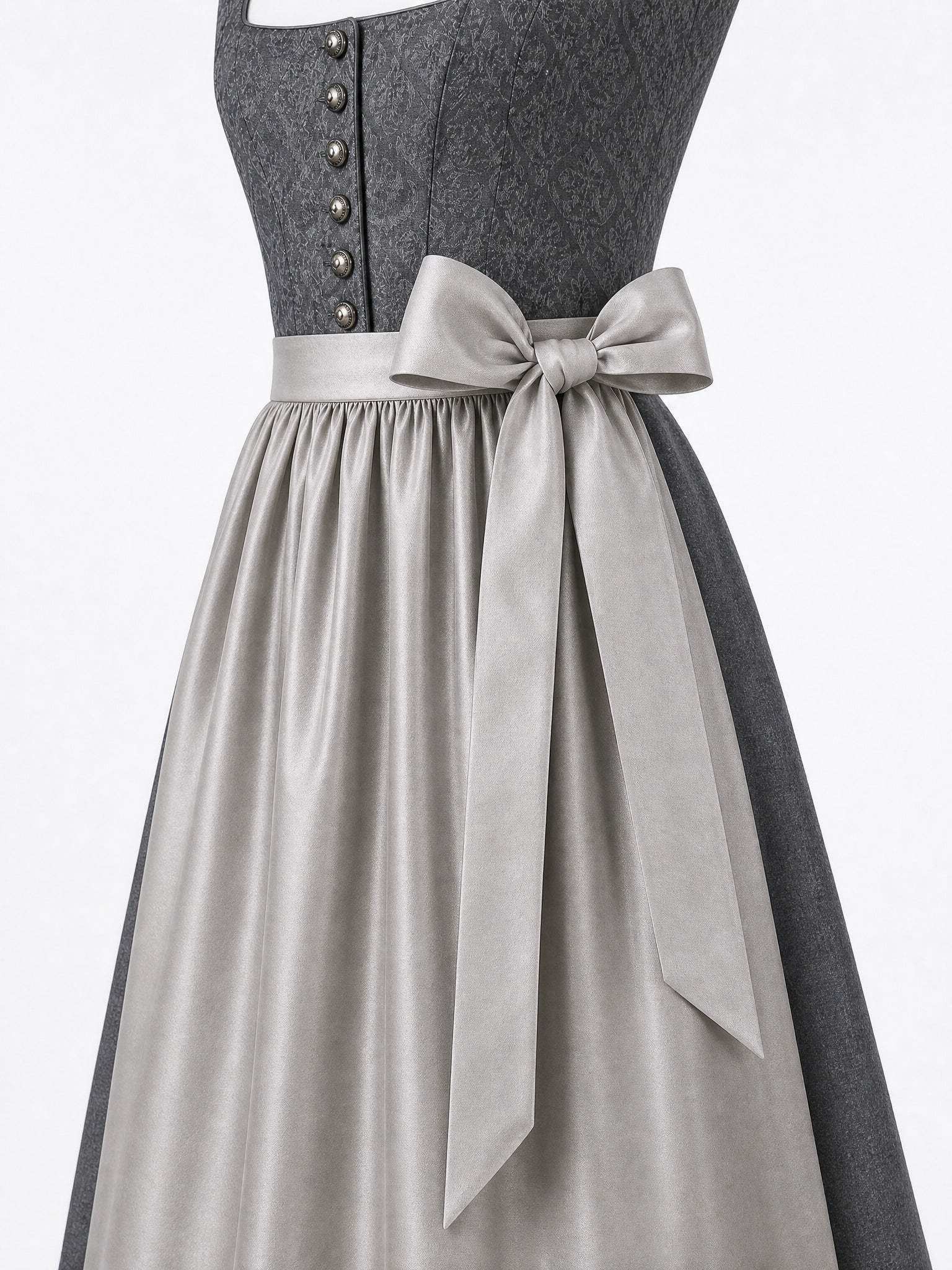 Dirndl Carla in Graphit mit Perlgrau Schürze - Detailansicht Taille und Schleife