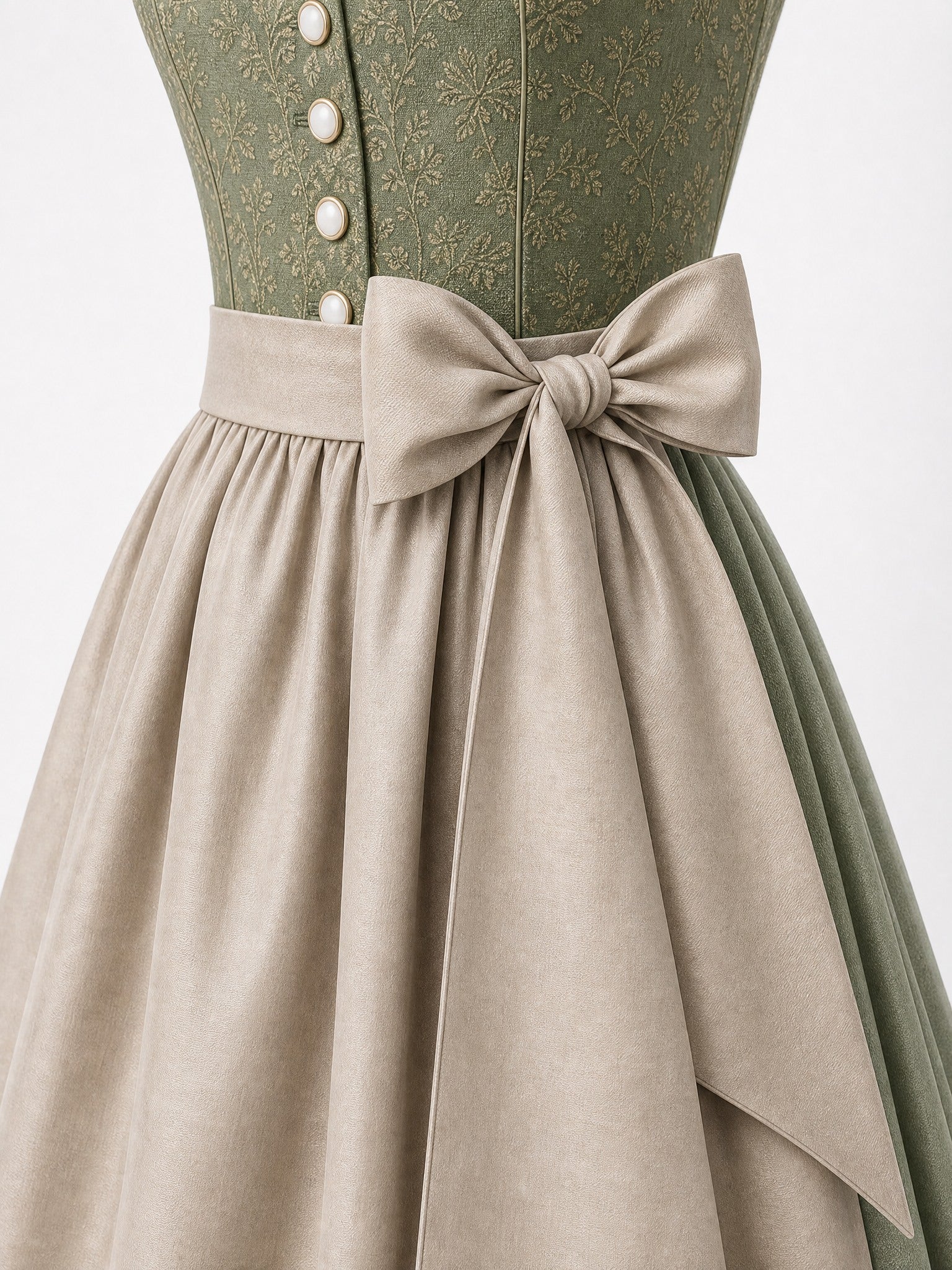 Dirndl Lia in Moosgrün mit Warmer Sand Schürze - Detailansicht Taille und Schleife