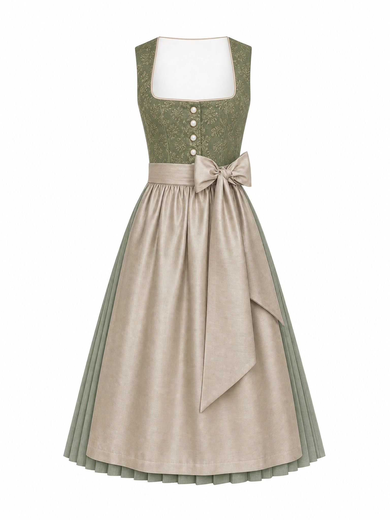 Dirndl Lia in Moosgrün mit Warmer Sand Schürze - Vorderansicht