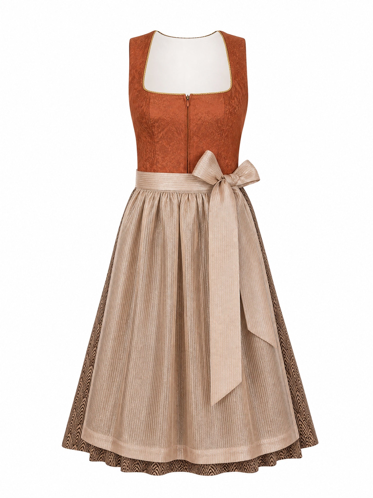 Dirndl Cecilia in Beigegrau mit Champagner Schürze - Vorderansicht