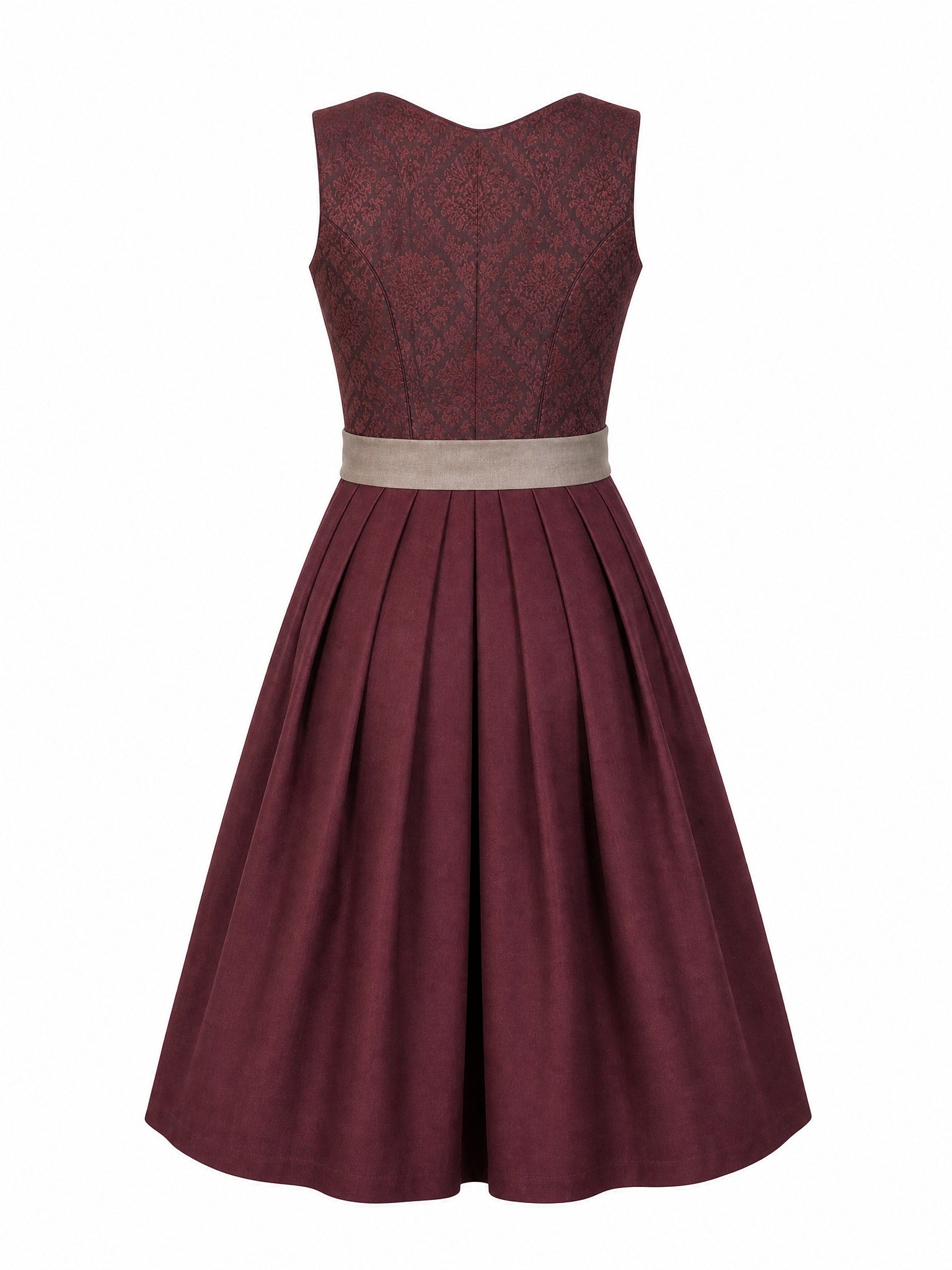 Dirndl Carolin in Weinrot mit Taupe Schürze - Rückansicht