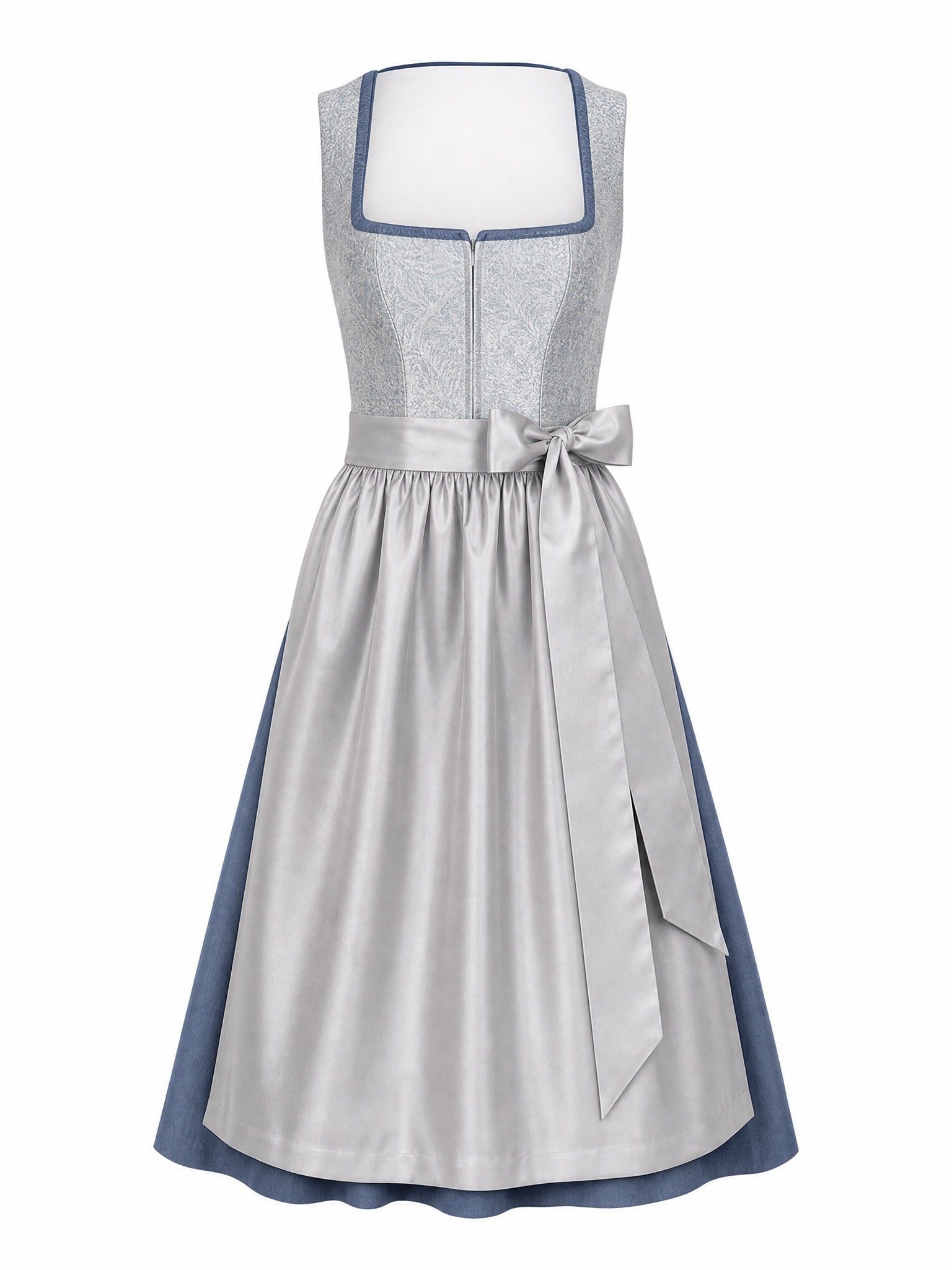 Dirndl Emilia in Silberblau mit Perlgrau Schürze - Vorderansicht