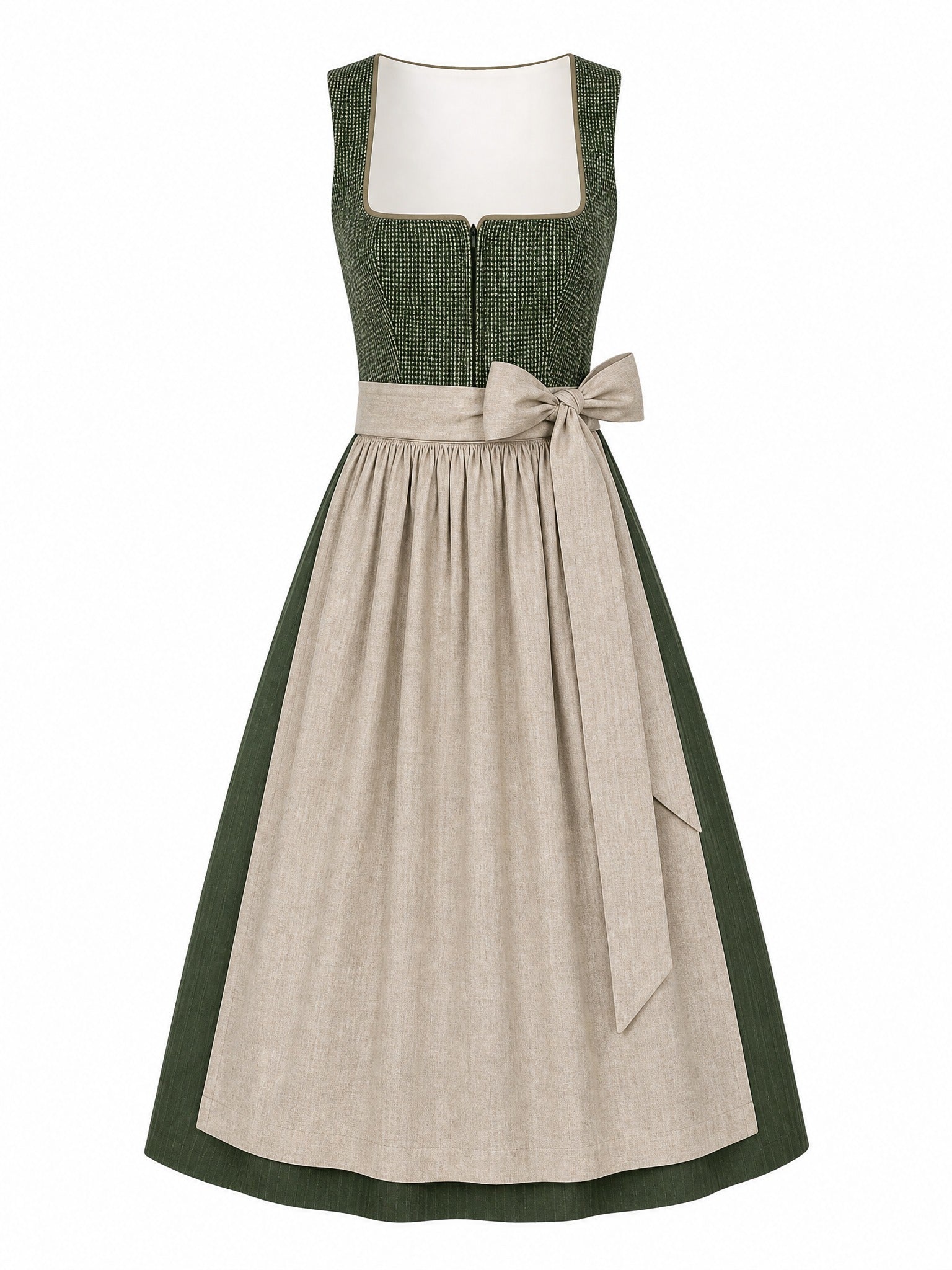 Dirndl Ilvy in Waldgrün mit Haferbeige Schürze - Vorderansicht