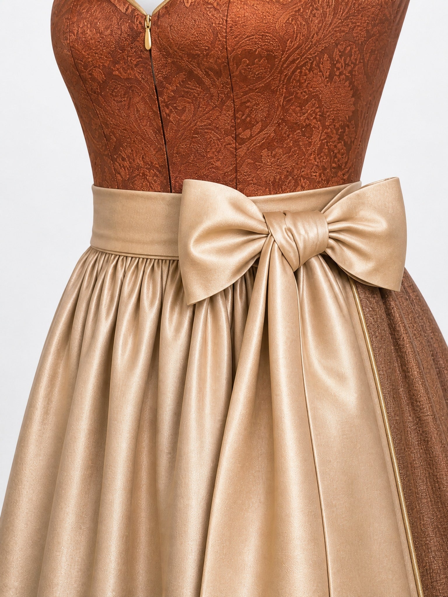 Dirndl Leni in Sienabraun mit Champagner Schürze - Detailansicht Taille und Schleife
