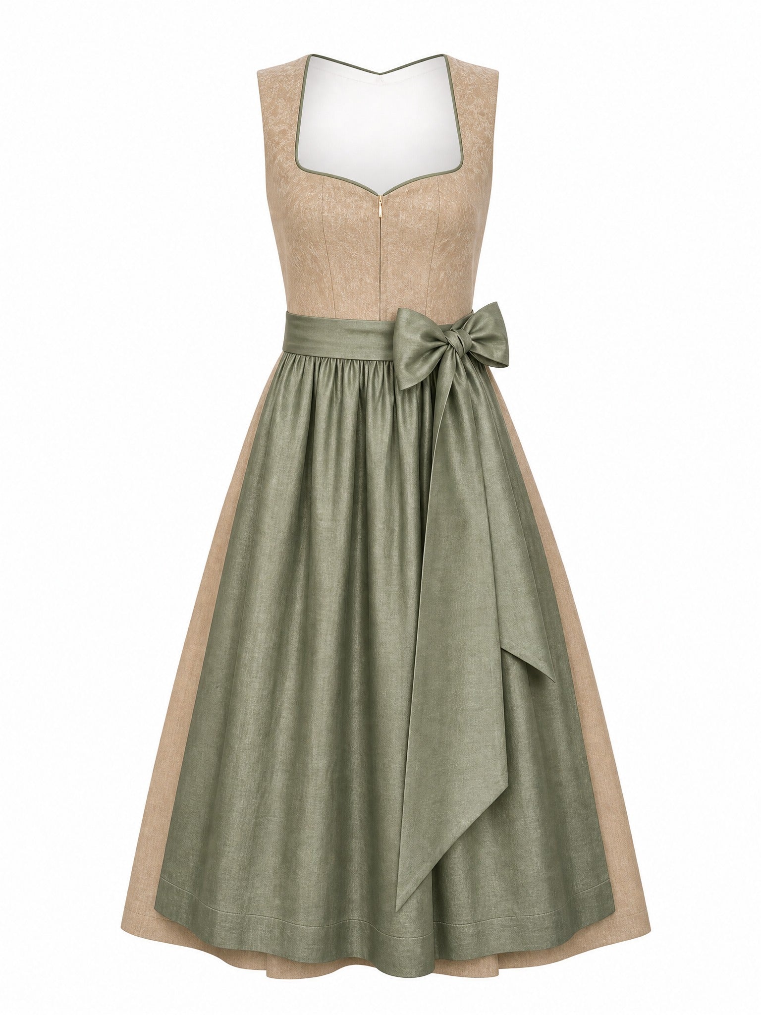 Dirndl Lina in Tonbeige mit Eukalyptusgrün Schürze - Vorderansicht
