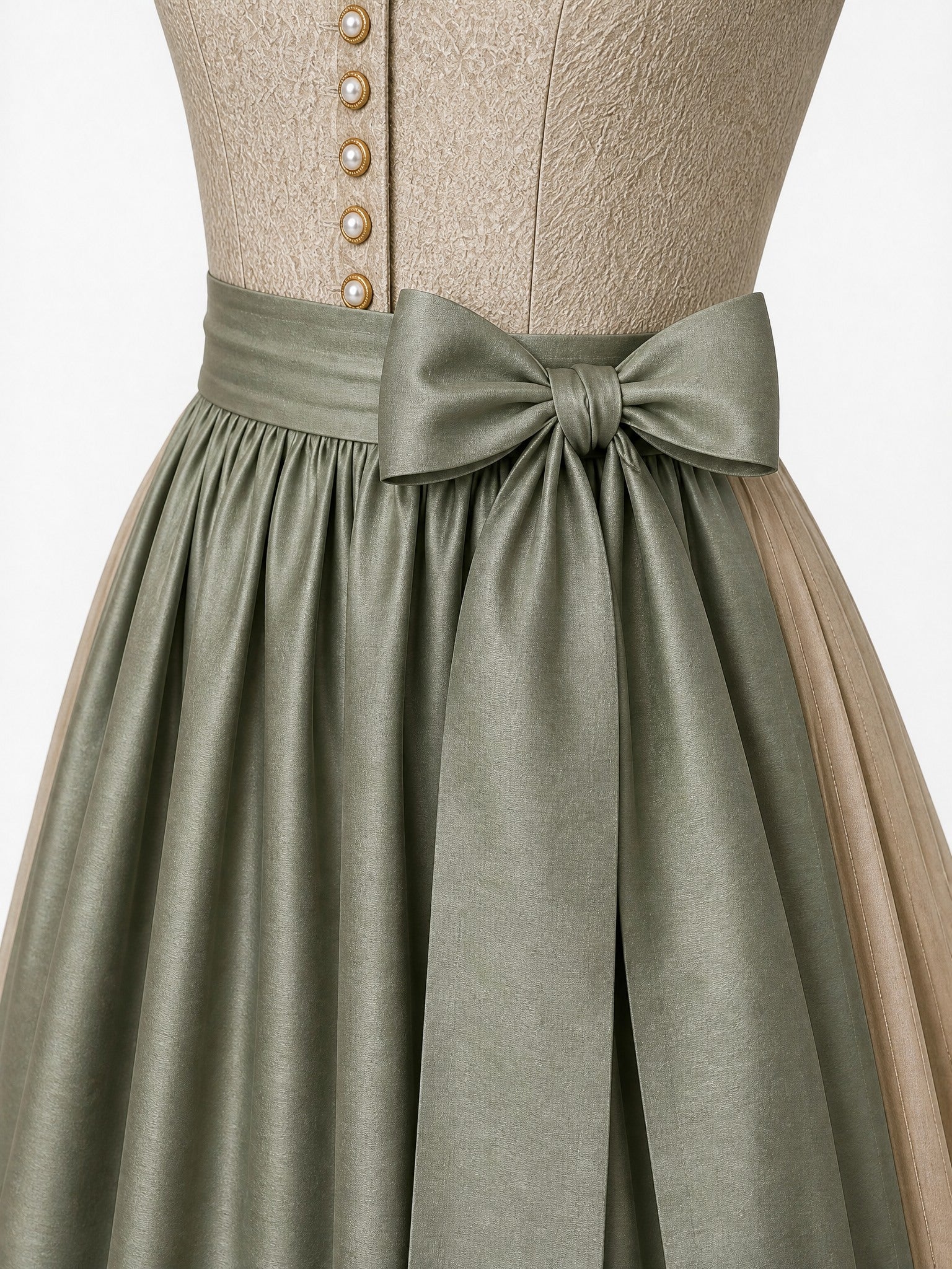 Dirndl Helena in Tonbeige mit Eukalyptusgrün Schürze - Detailansicht Taille und Schleife
