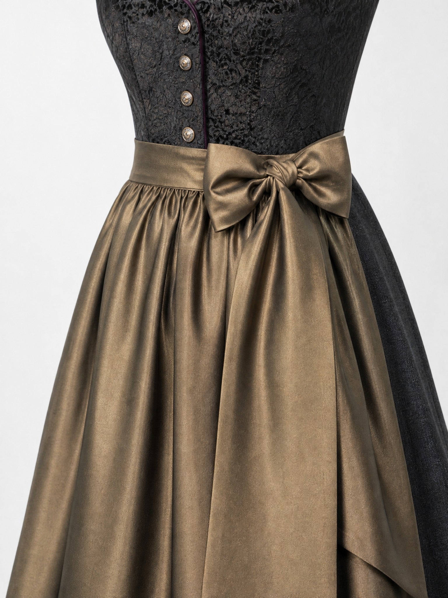 Dirndl Lara in Anthrazit mit Antikgold Schürze - Detailansicht Taille und Schleife