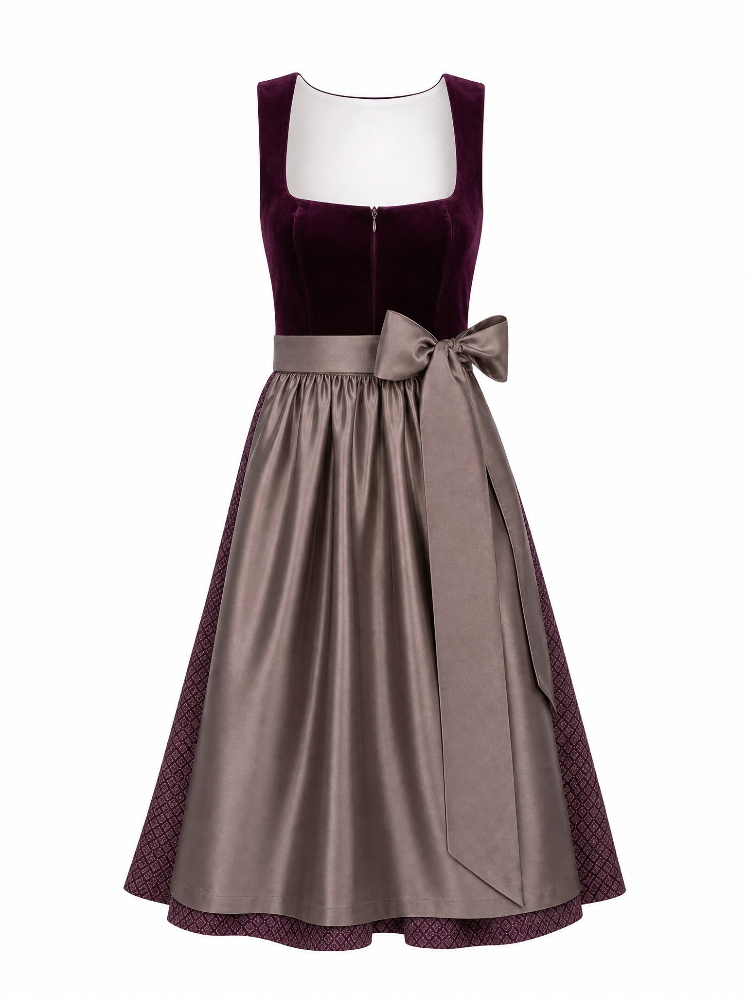 Dirndl Leni in Brombeere mit Taupe Schürze - Vorderansicht