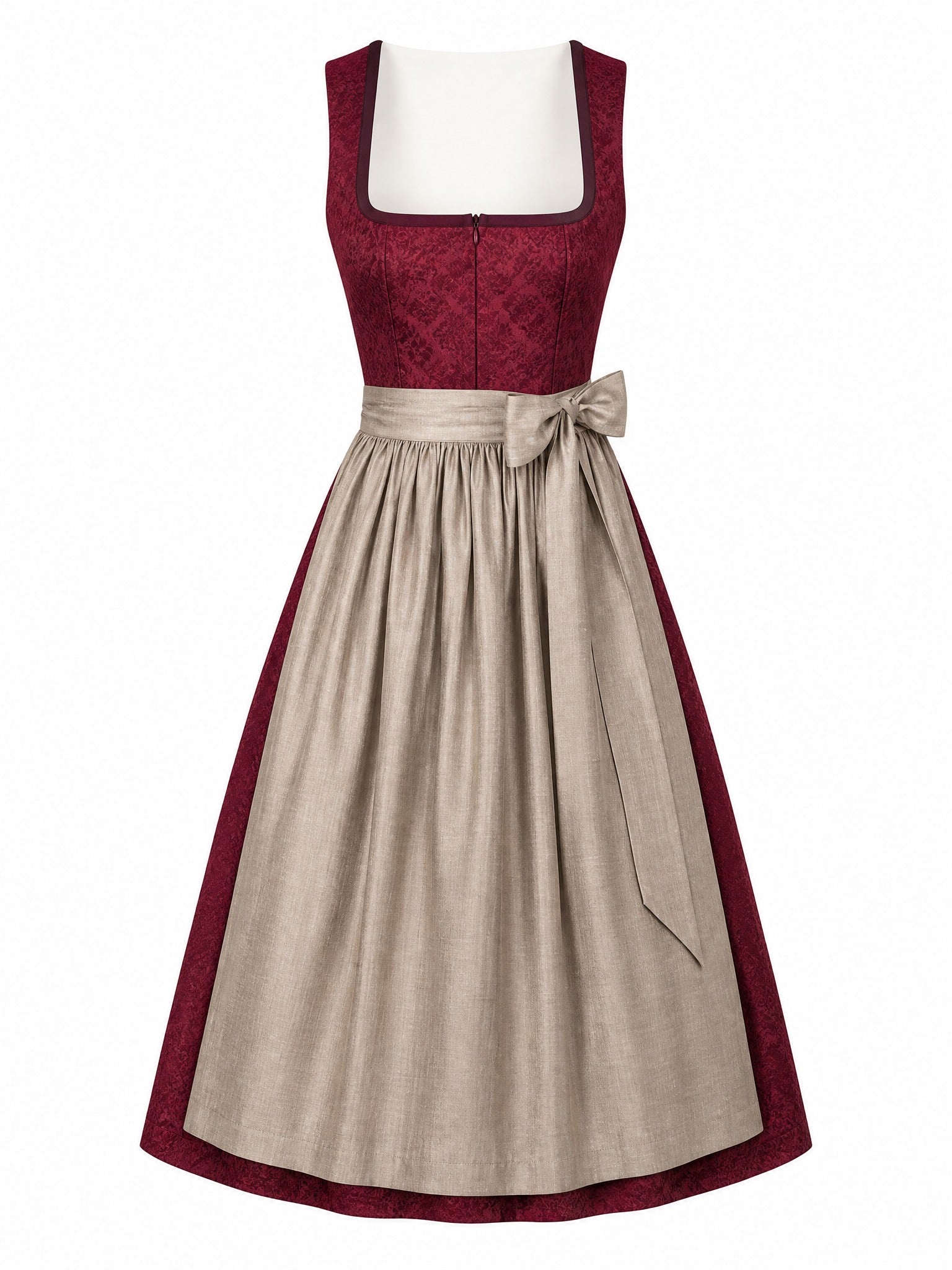 Dirndl Mathilda in Weinrot mit Taupe Schürze - Vorderansicht