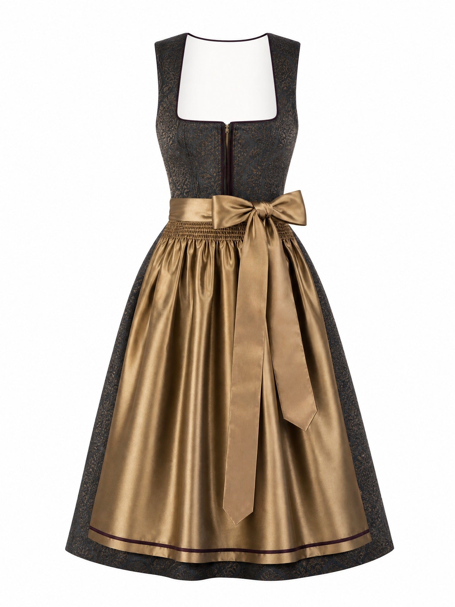 Dirndl Stella in Anthrazit mit Antikgold Schürze - Vorderansicht