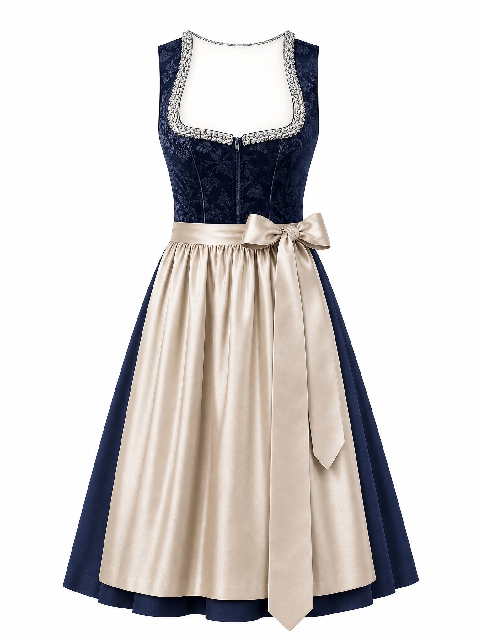 Dirndl Aurelia in Mitternachtsblau mit Champagner Schürze - Vorderansicht