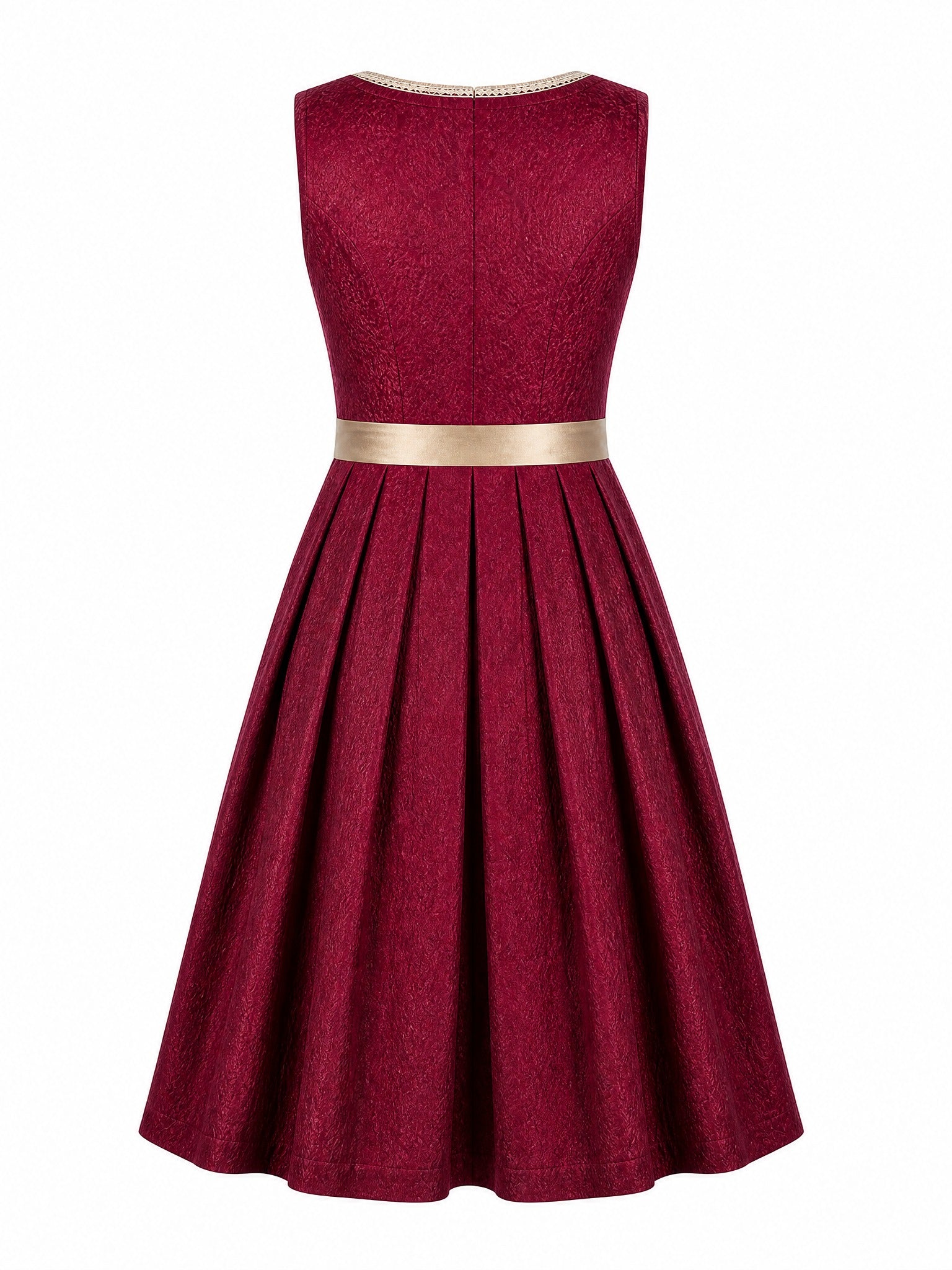 Dirndl Karla in Cranberryrot mit Antikgold Schürze - Rückansicht