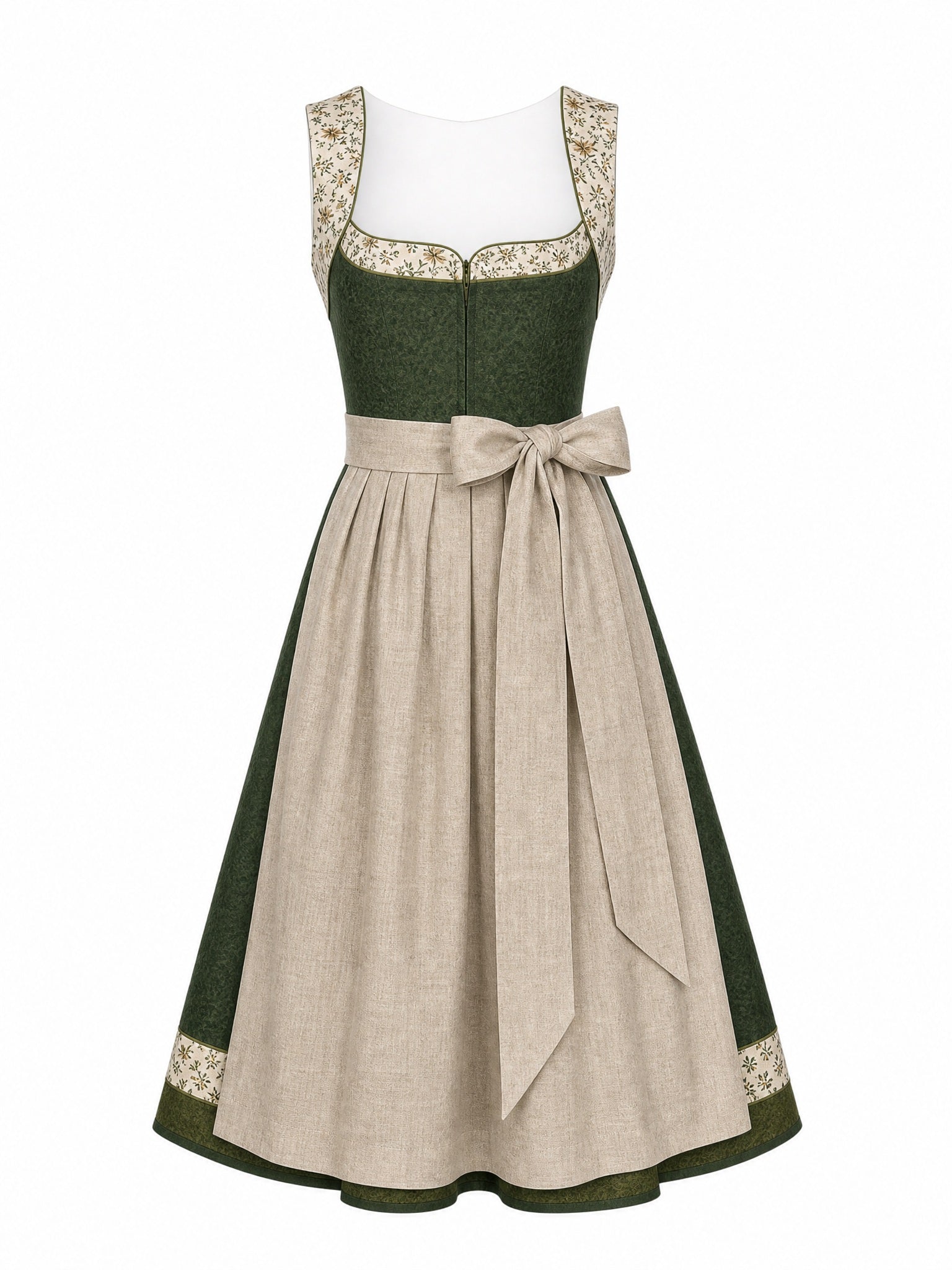 Dirndl Mathilda in Waldgrün mit Haferbeige Schürze - Vorderansicht
