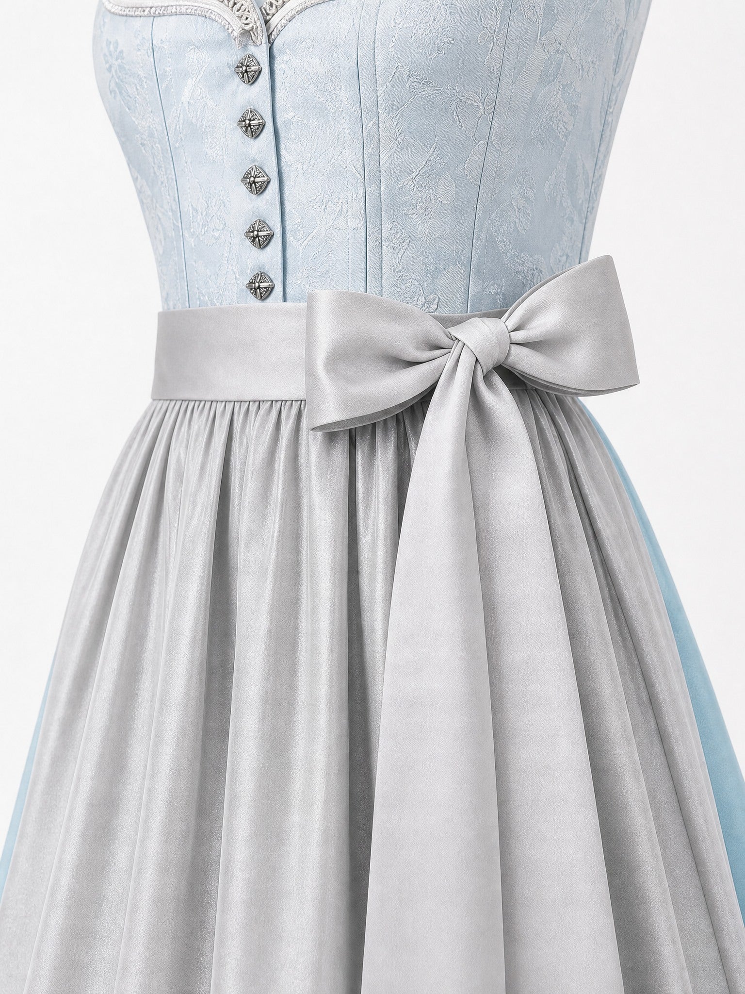 Dirndl Nadja in Eisblau mit Perlgrau Schürze - Detailansicht Taille und Schleife