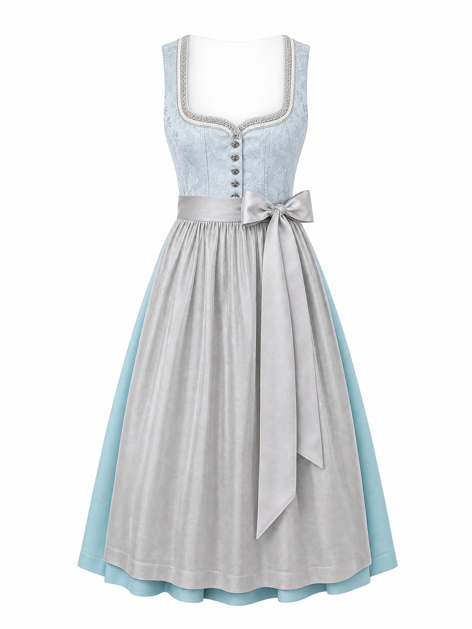 Dirndl Nadja in Eisblau mit Perlgrau Schürze - Vorderansicht