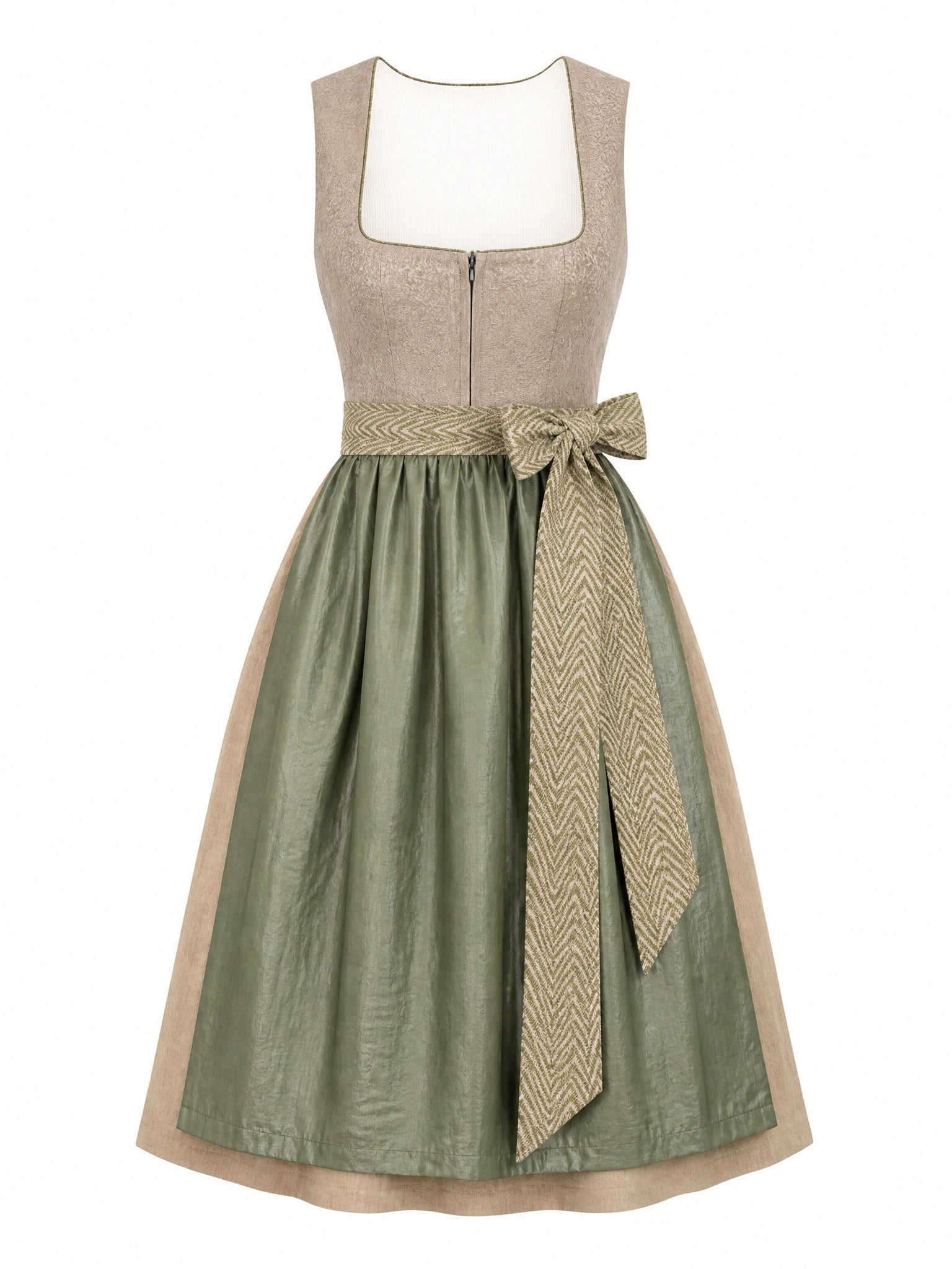 Dirndl Sina in Tonbeige mit Eukalyptusgrün Schürze - Vorderansicht