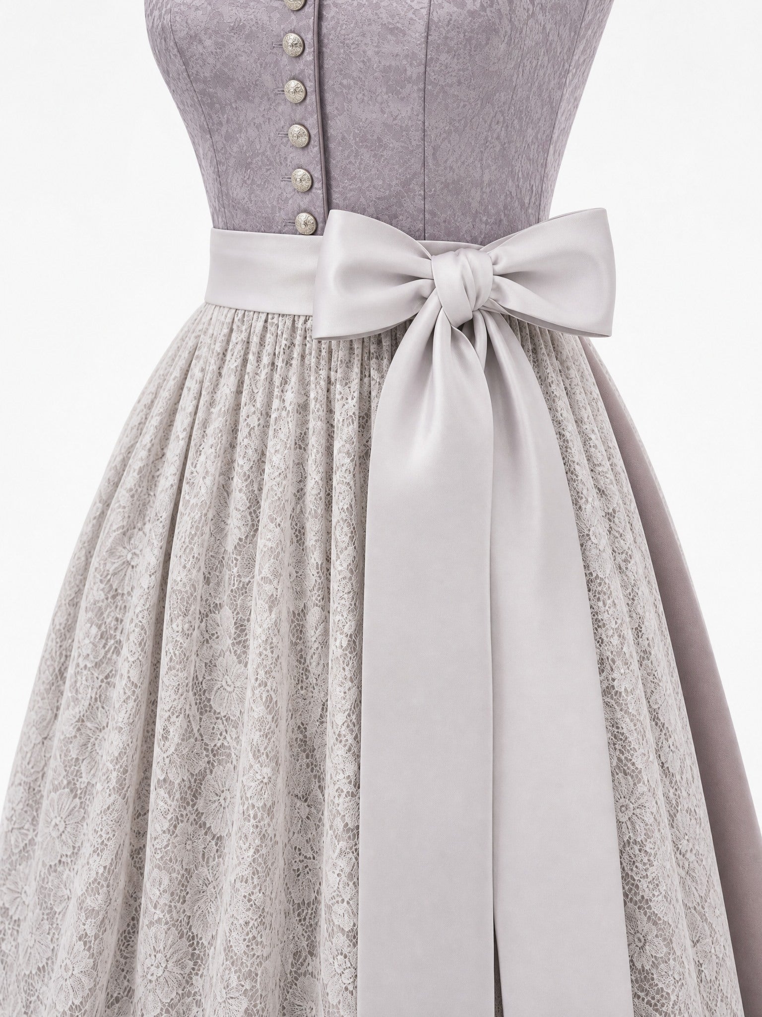 Dirndl Vera in Alt-Lavendel mit Elfenbein Schürze - Detailansicht Taille und Schleife