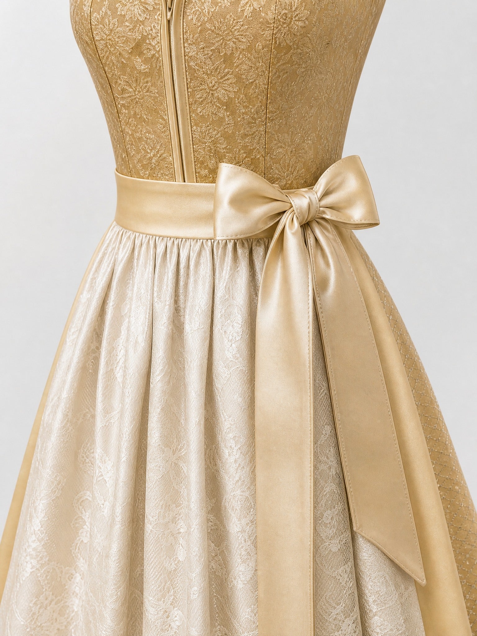 Dirndl Elena in Weizengold mit Elfenbein Schürze - Detailansicht Taille und Schleife