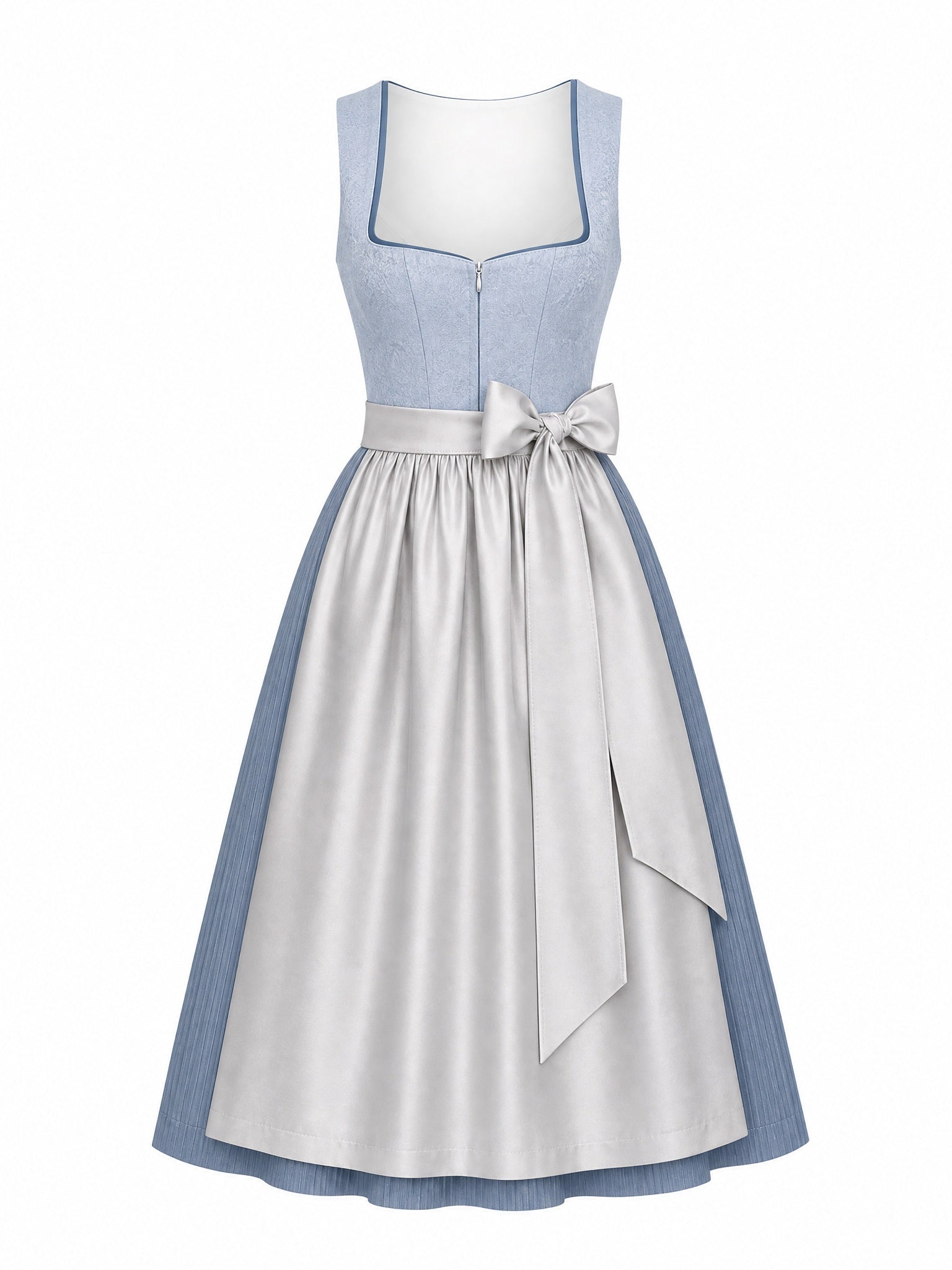 Dirndl Katharina in Puderblau mit Silber Schürze - Vorderansicht
