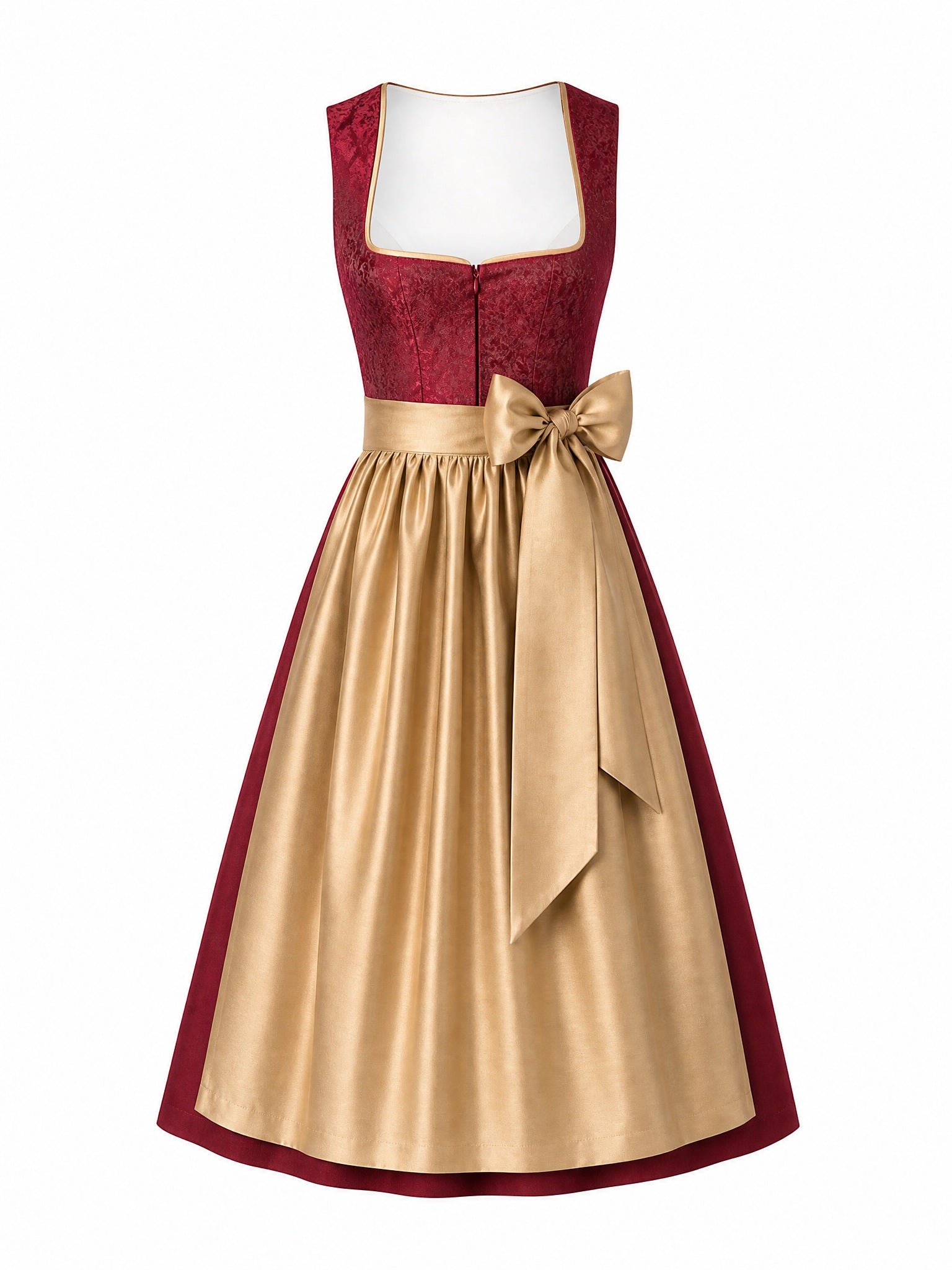 Dirndl Vera in Cranberryrot mit Antikgold Schürze - Vorderansicht