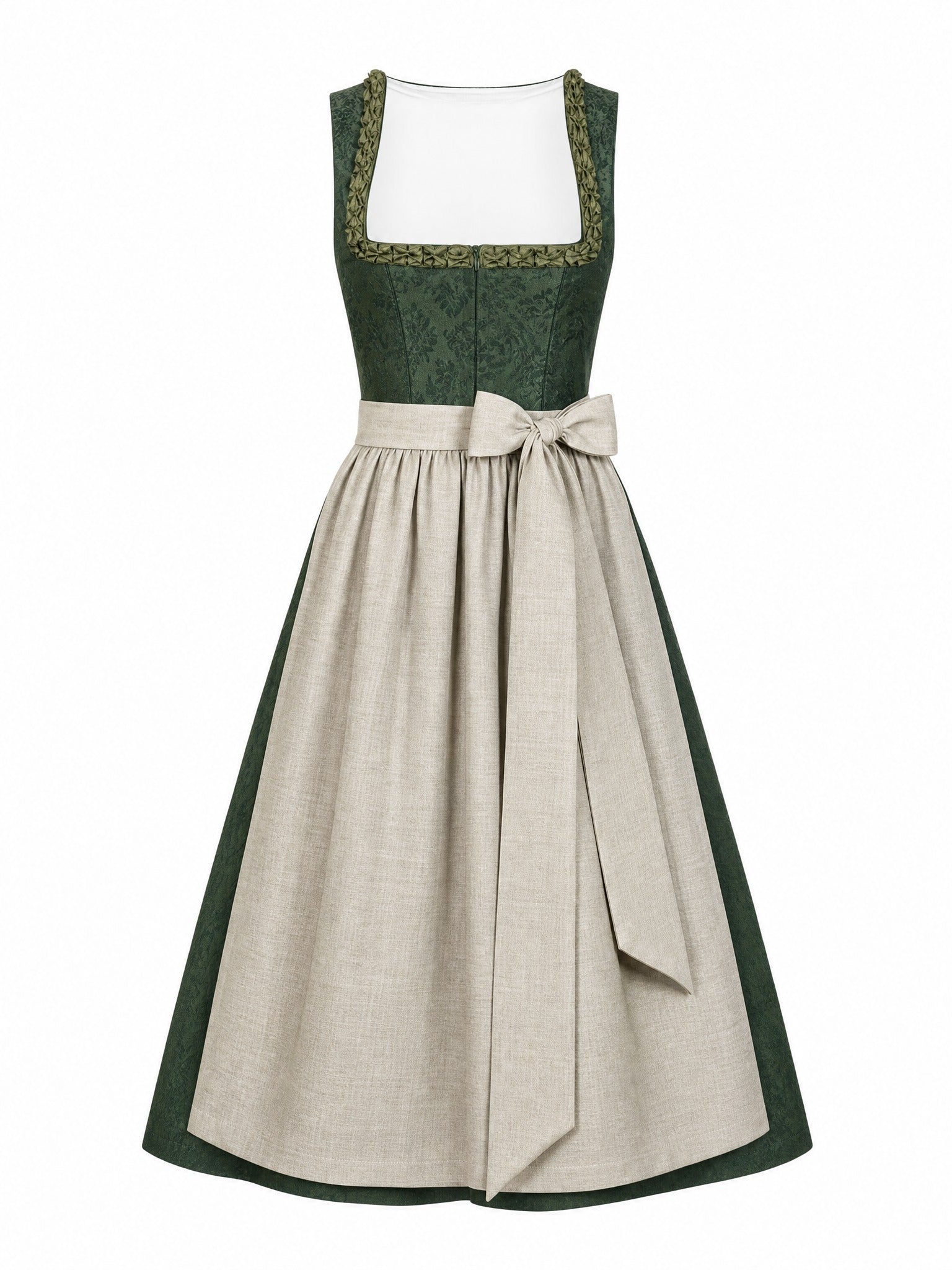 Dirndl Daria in Waldgrün mit Haferbeige Schürze - Vorderansicht