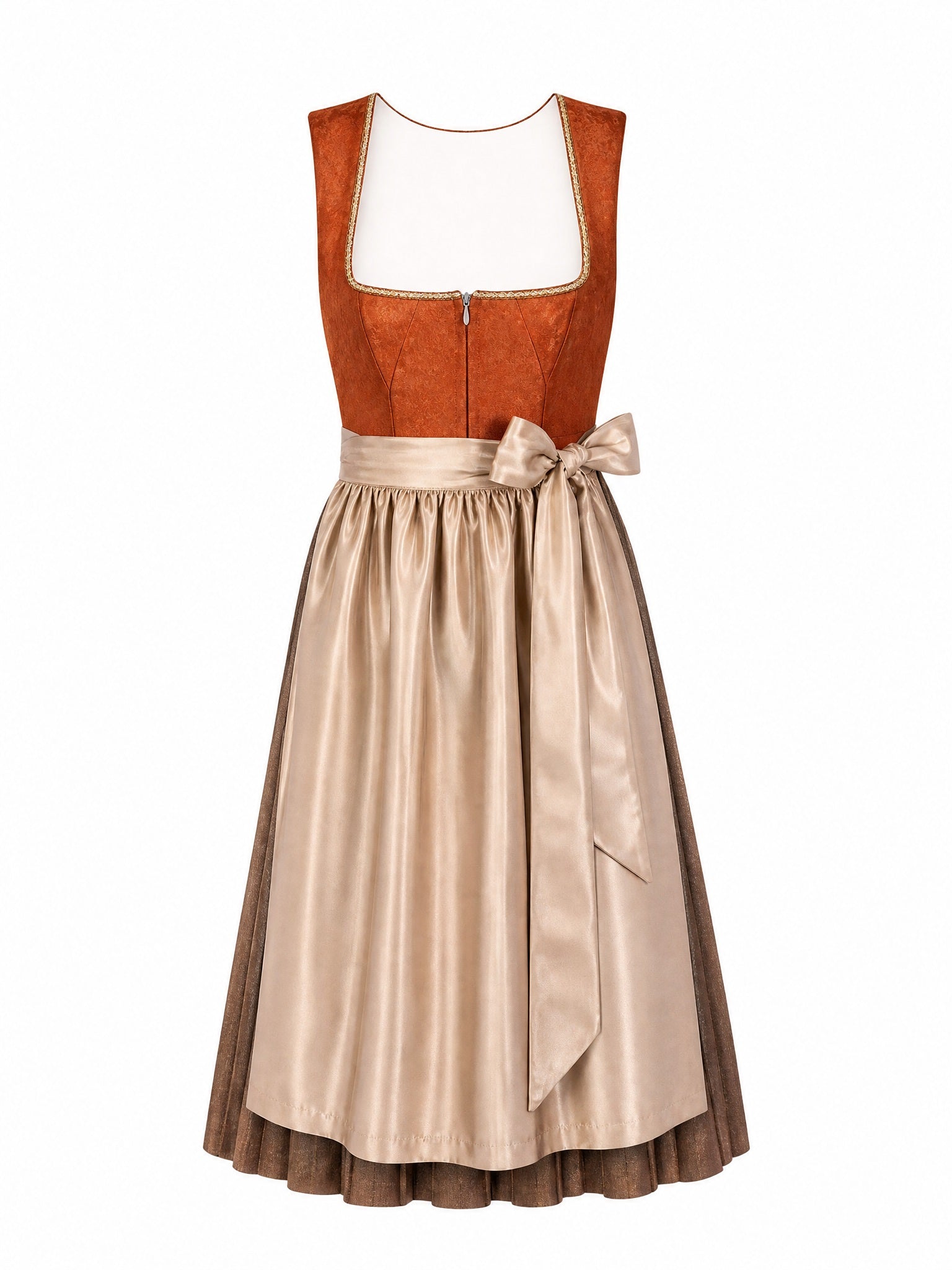 Dirndl Franziska in Sienabraun mit Champagner Schürze - Vorderansicht