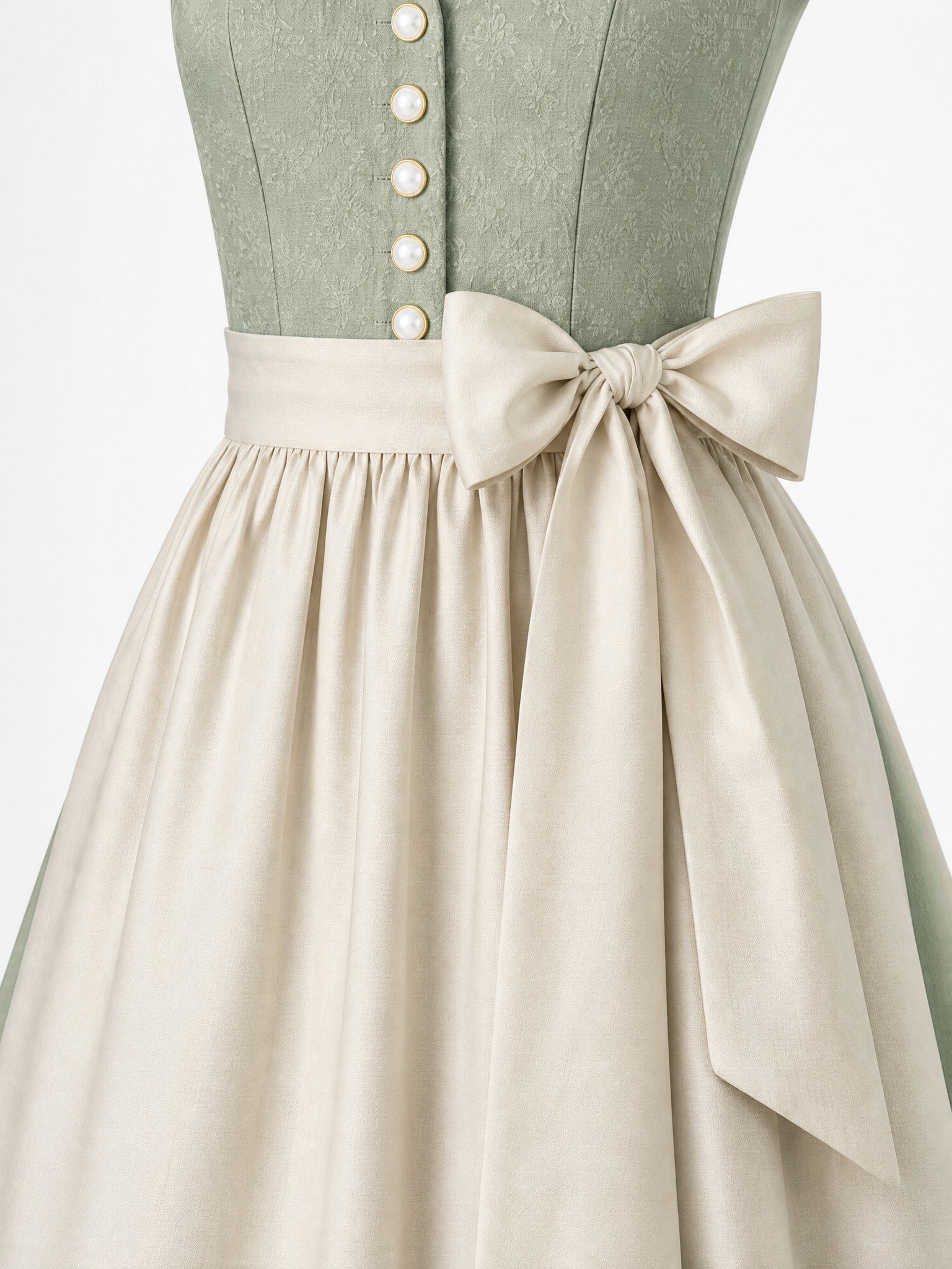 Dirndl Johanna in Mineralgrün mit Elfenbein Schürze - Detailansicht Taille und Schleife