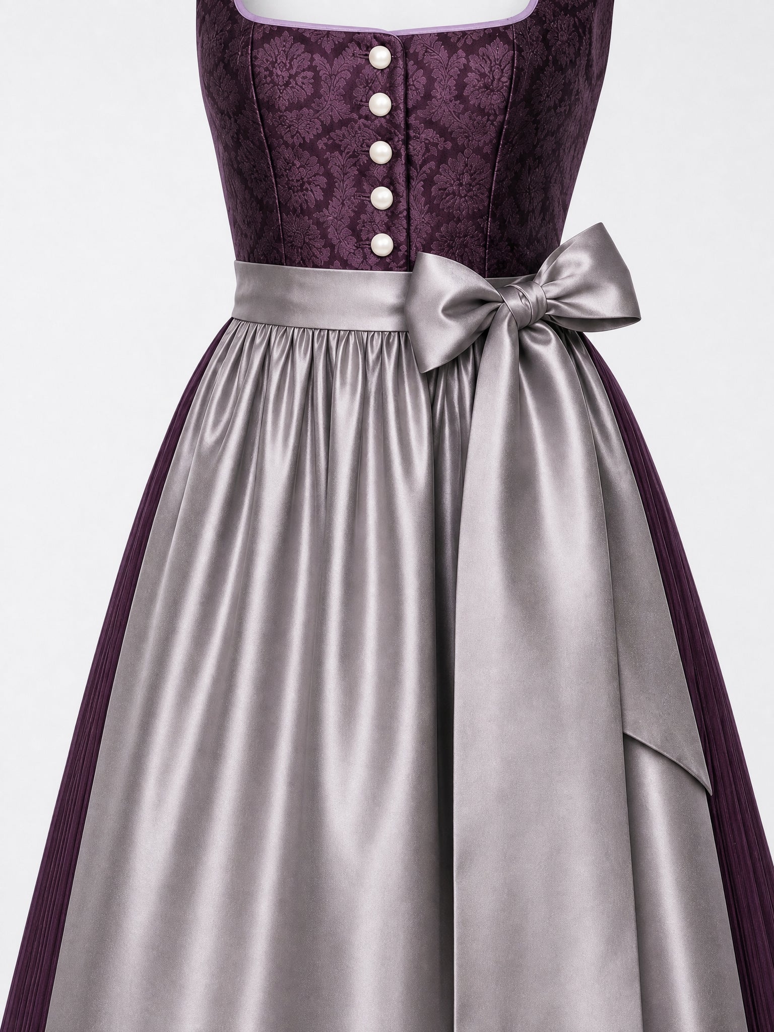 Dirndl Franziska in Aubergine mit Perlgrau Schürze - Detailansicht Taille und Schleife