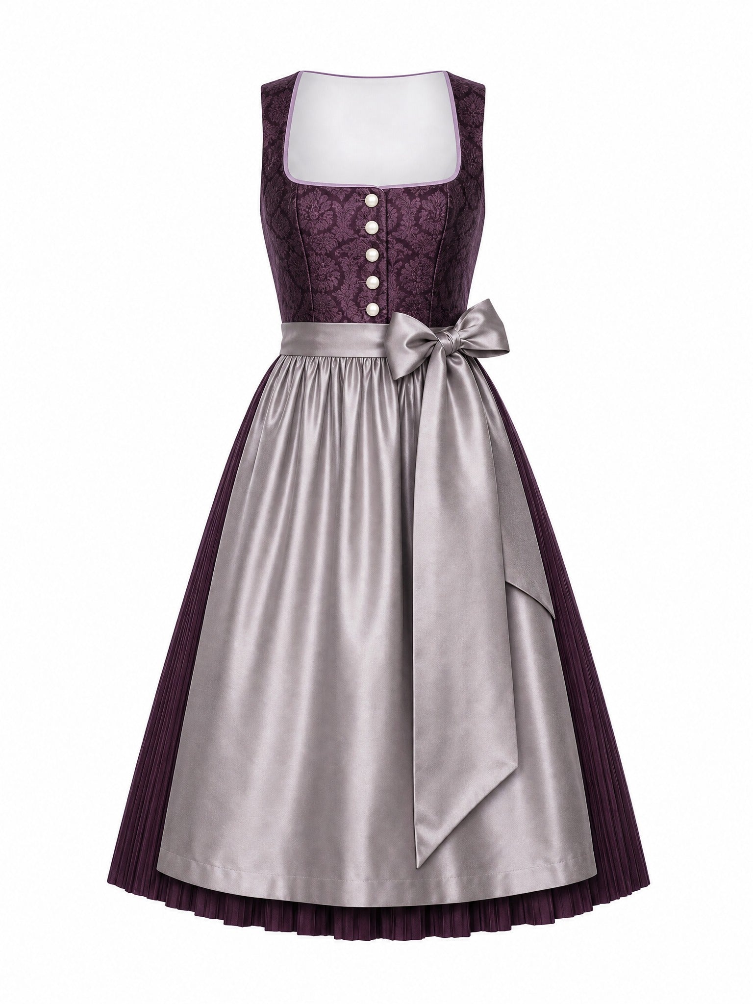 Dirndl Franziska in Aubergine mit Perlgrau Schürze - Vorderansicht
