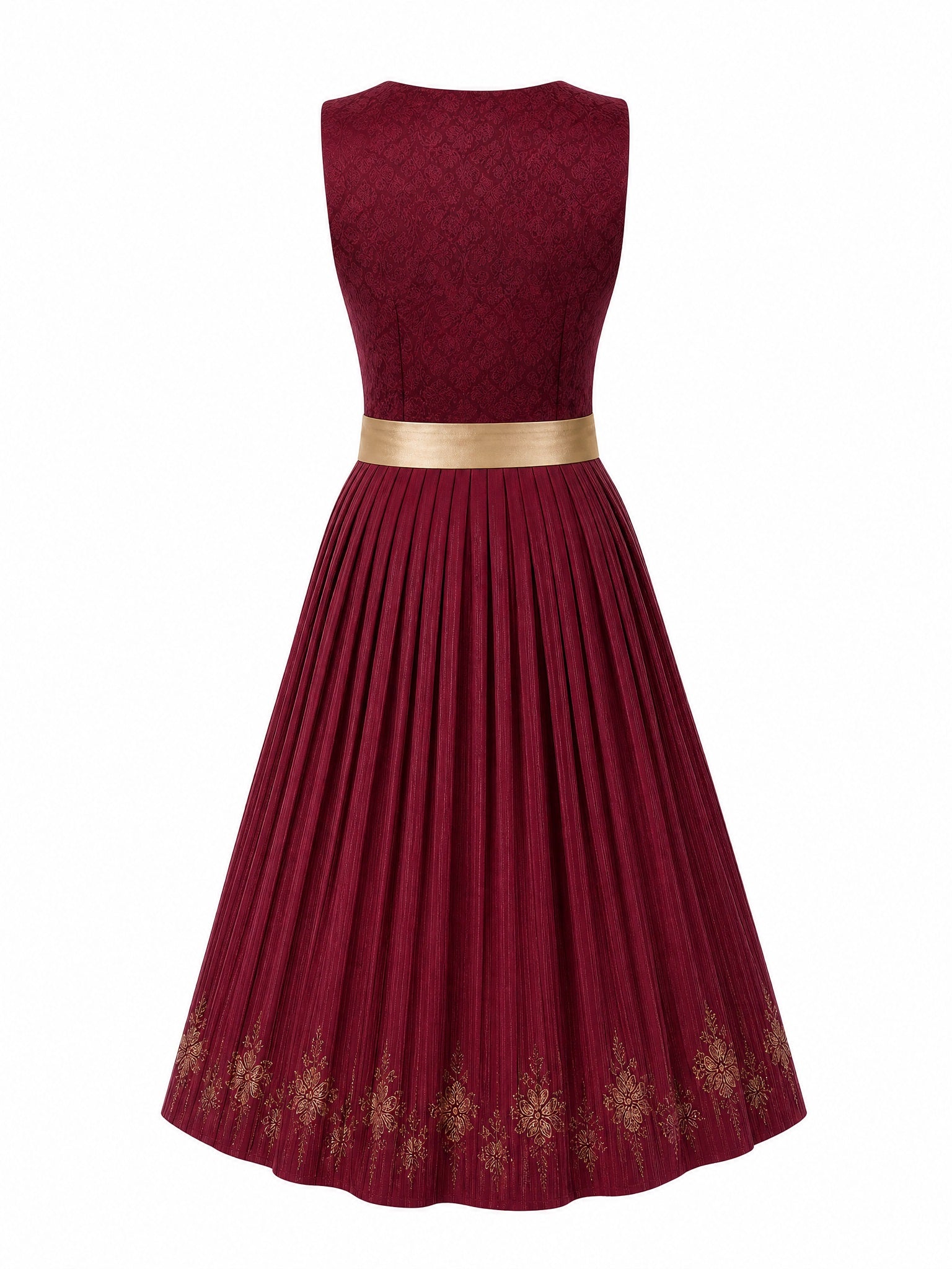 Dirndl Pia in Cranberryrot mit Antikgold Schürze - Rückansicht