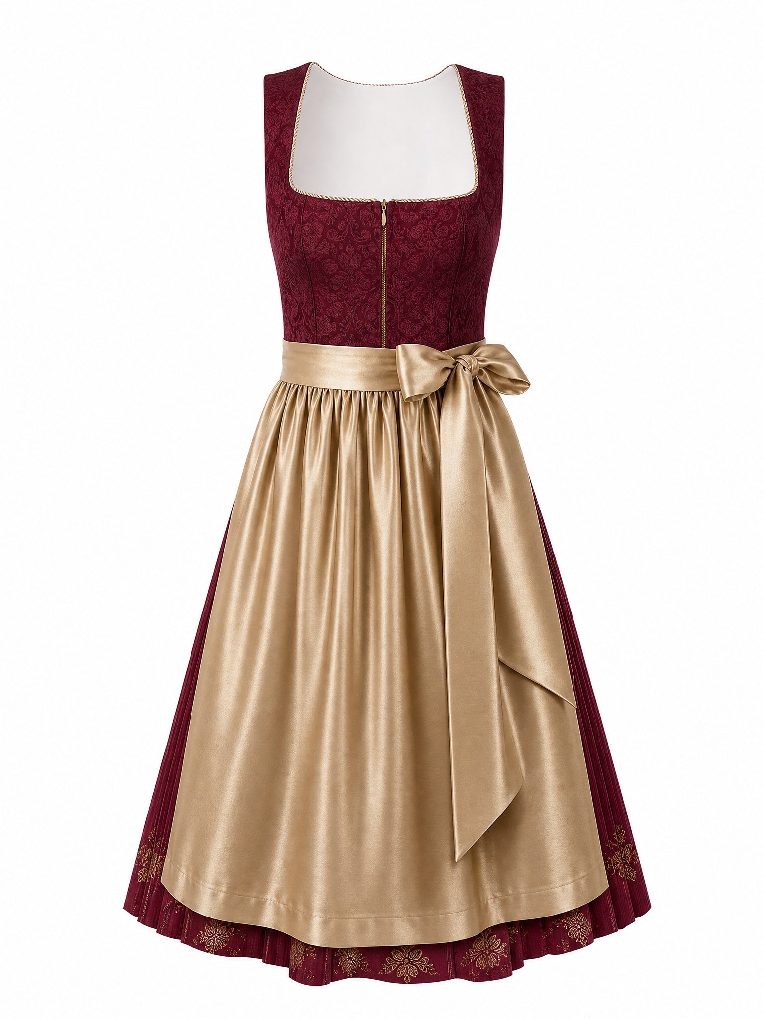 Dirndl Pia in Cranberryrot mit Antikgold Schürze - Vorderansicht