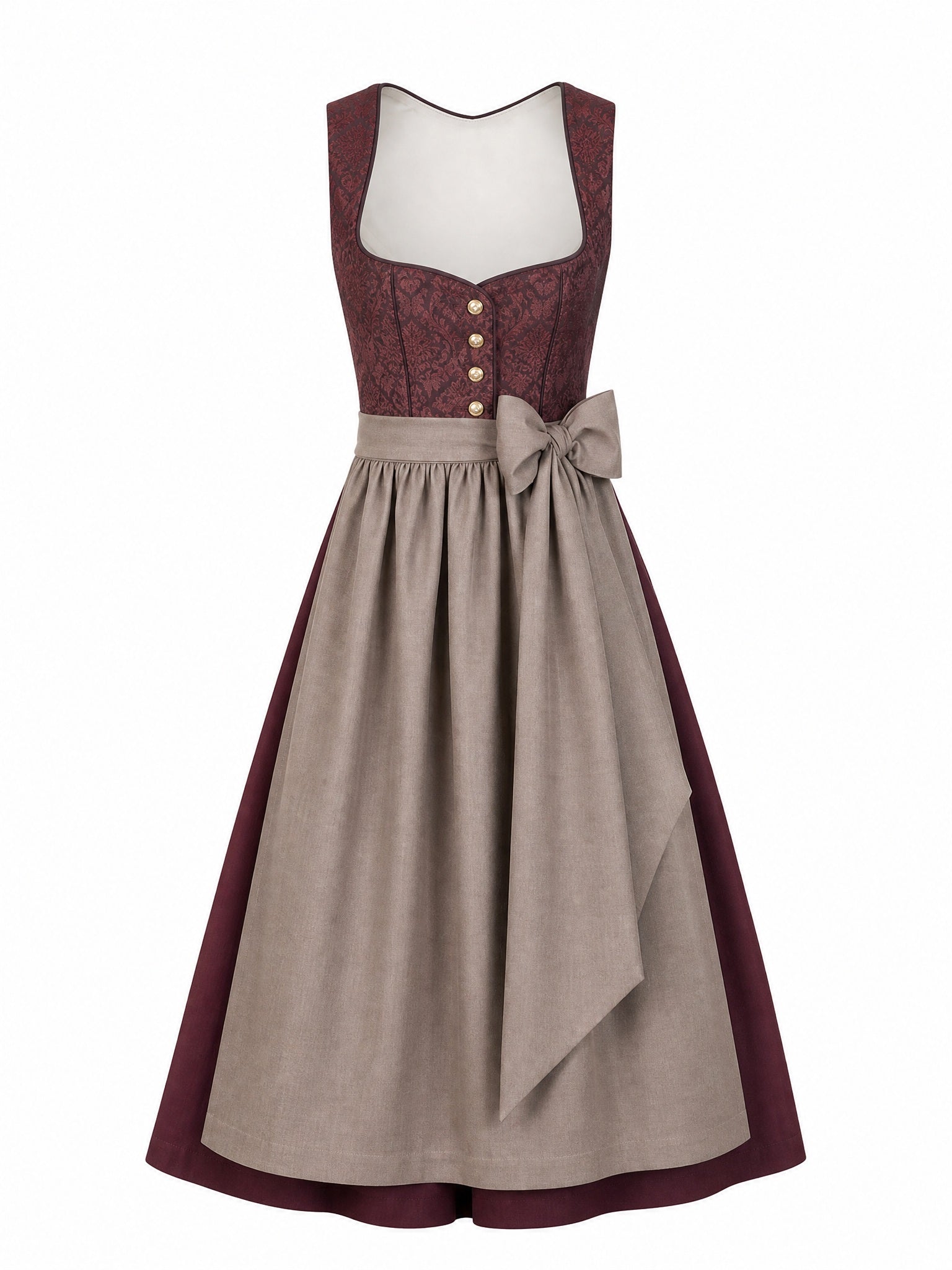 Dirndl Carolin in Weinrot mit Taupe Schürze - Vorderansicht