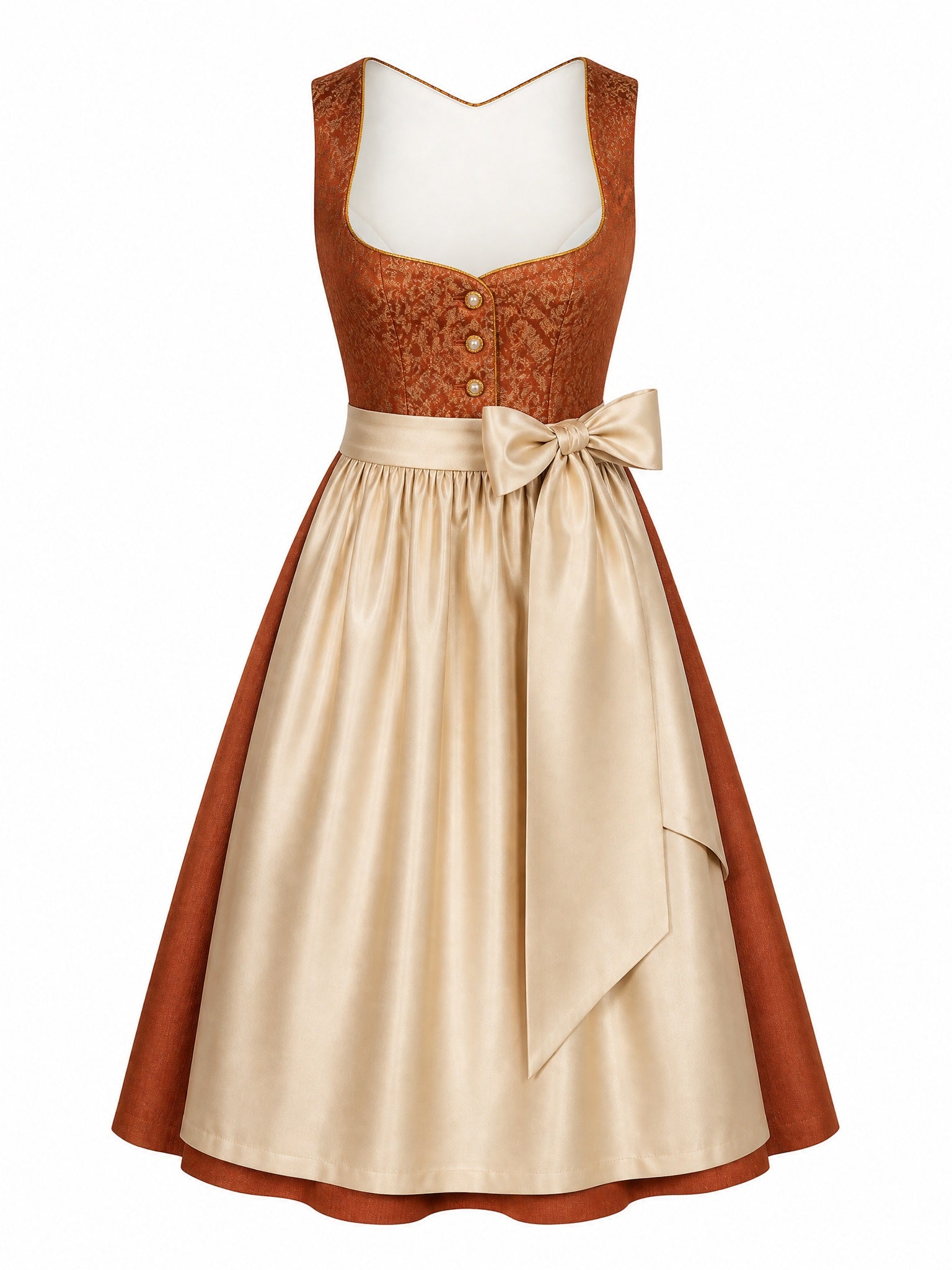 Dirndl Clara in Sienabraun mit Champagner Schürze - Vorderansicht
