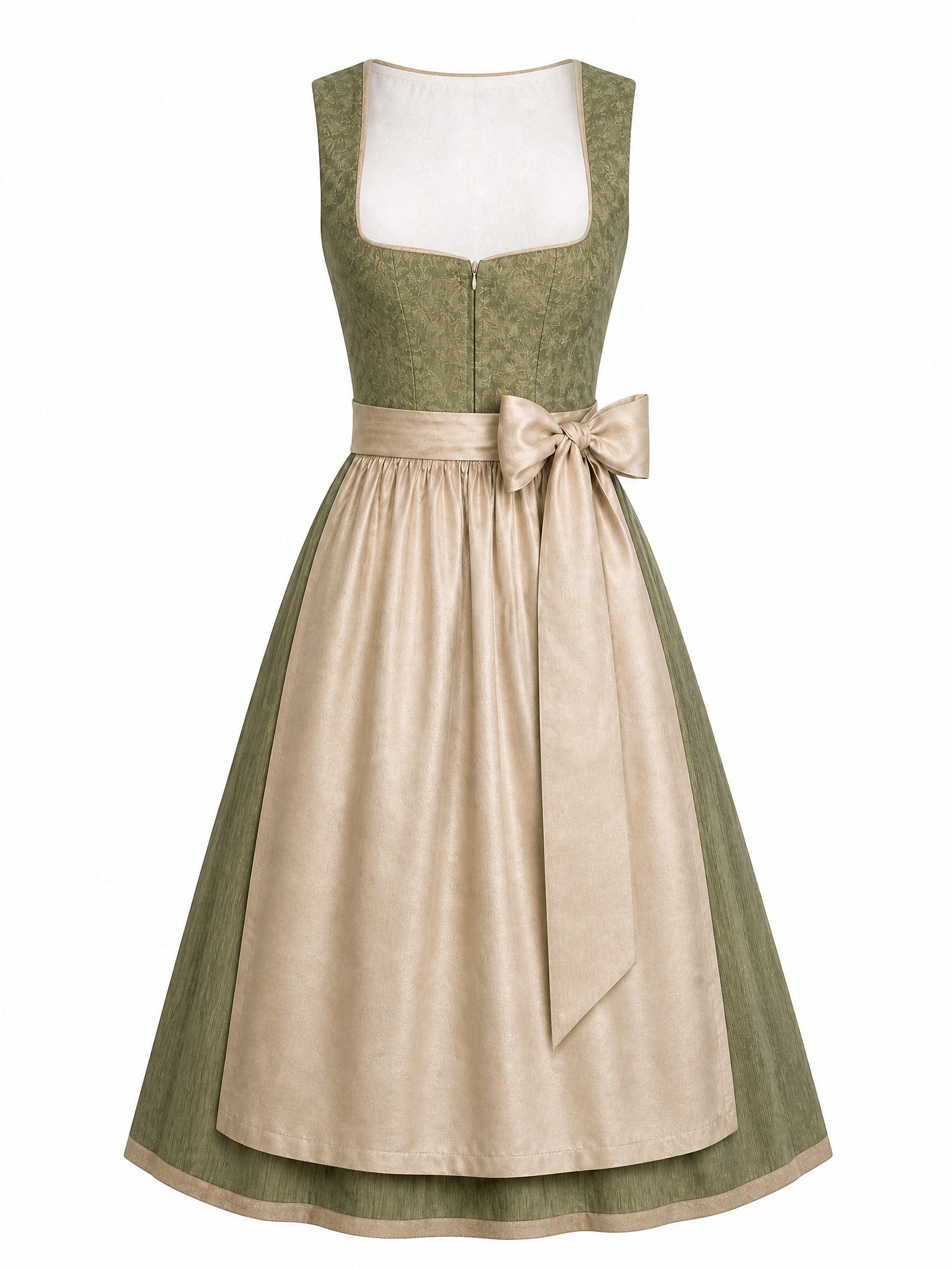 Dirndl Clara in Moosgrün mit Warmer Sand Schürze - Vorderansicht