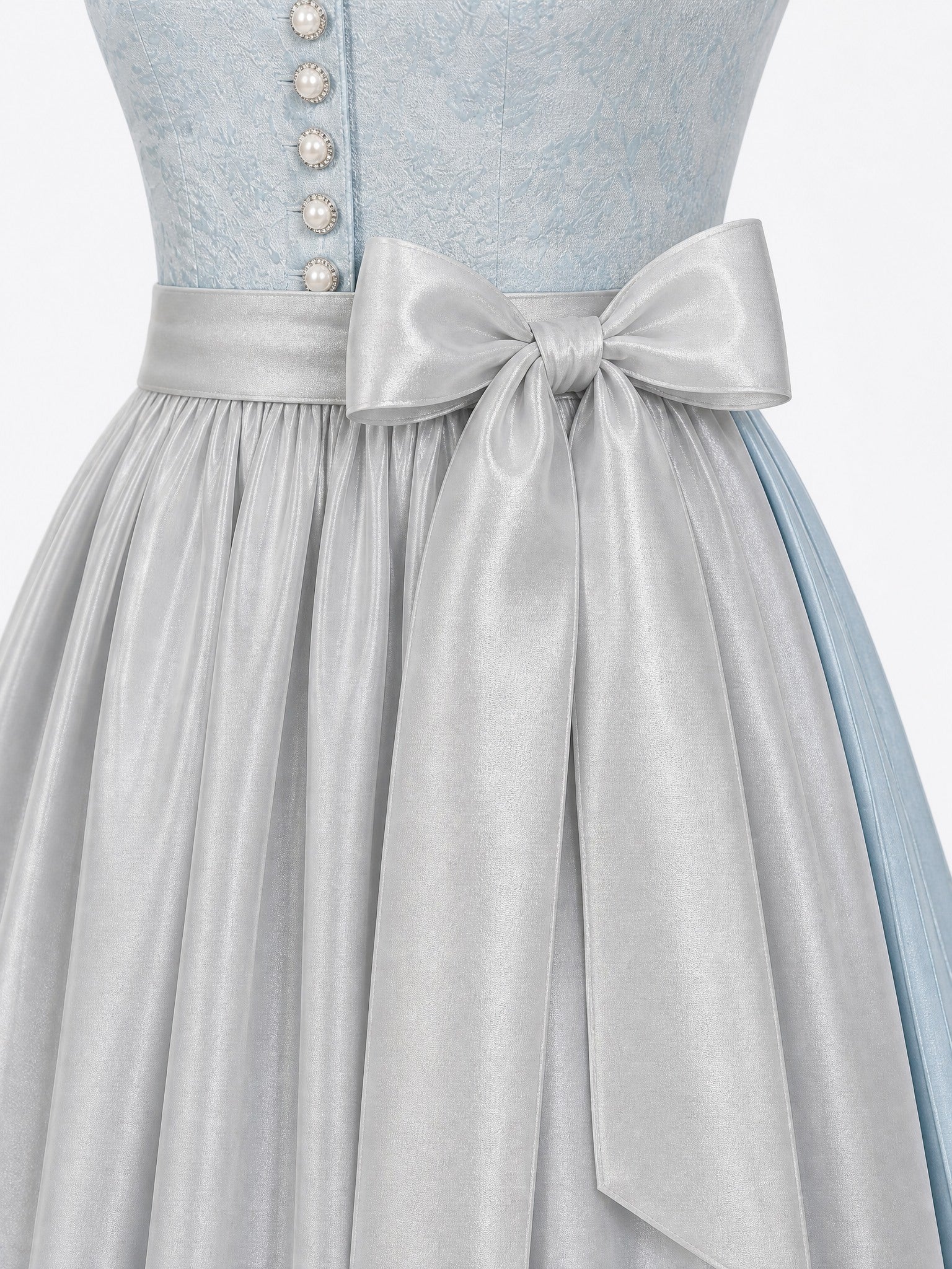 Dirndl Ella in Eisblau mit Perlgrau Schürze - Detailansicht Taille und Schleife