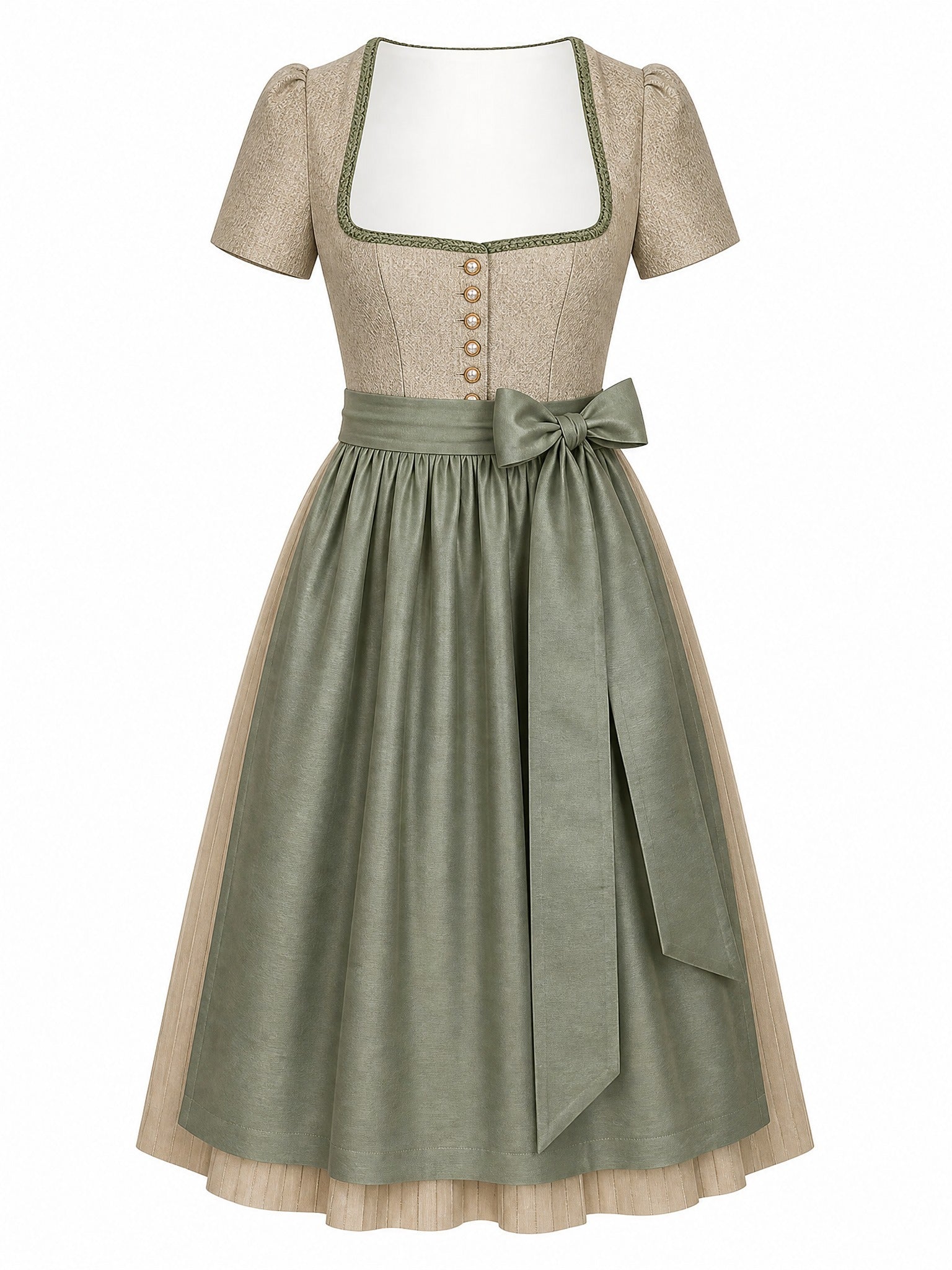 Dirndl Helena in Tonbeige mit Eukalyptusgrün Schürze - Vorderansicht