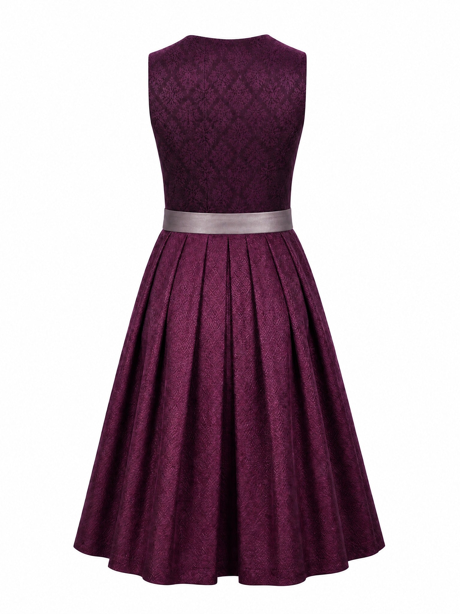 Dirndl Leonie in Aubergine mit Perlgrau Schürze - Rückansicht