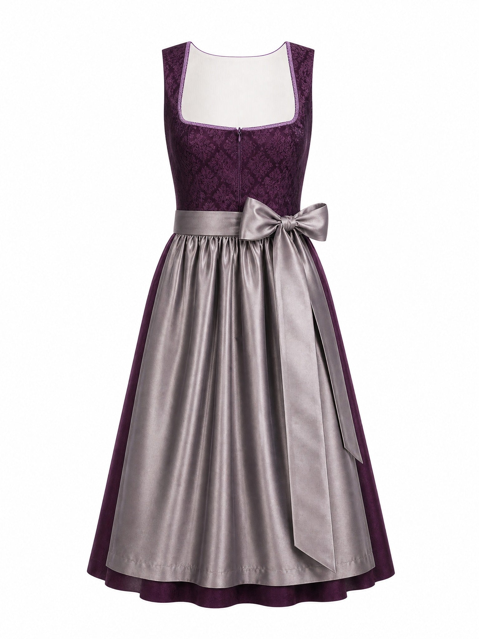 Dirndl Leonie in Aubergine mit Perlgrau Schürze - Vorderansicht