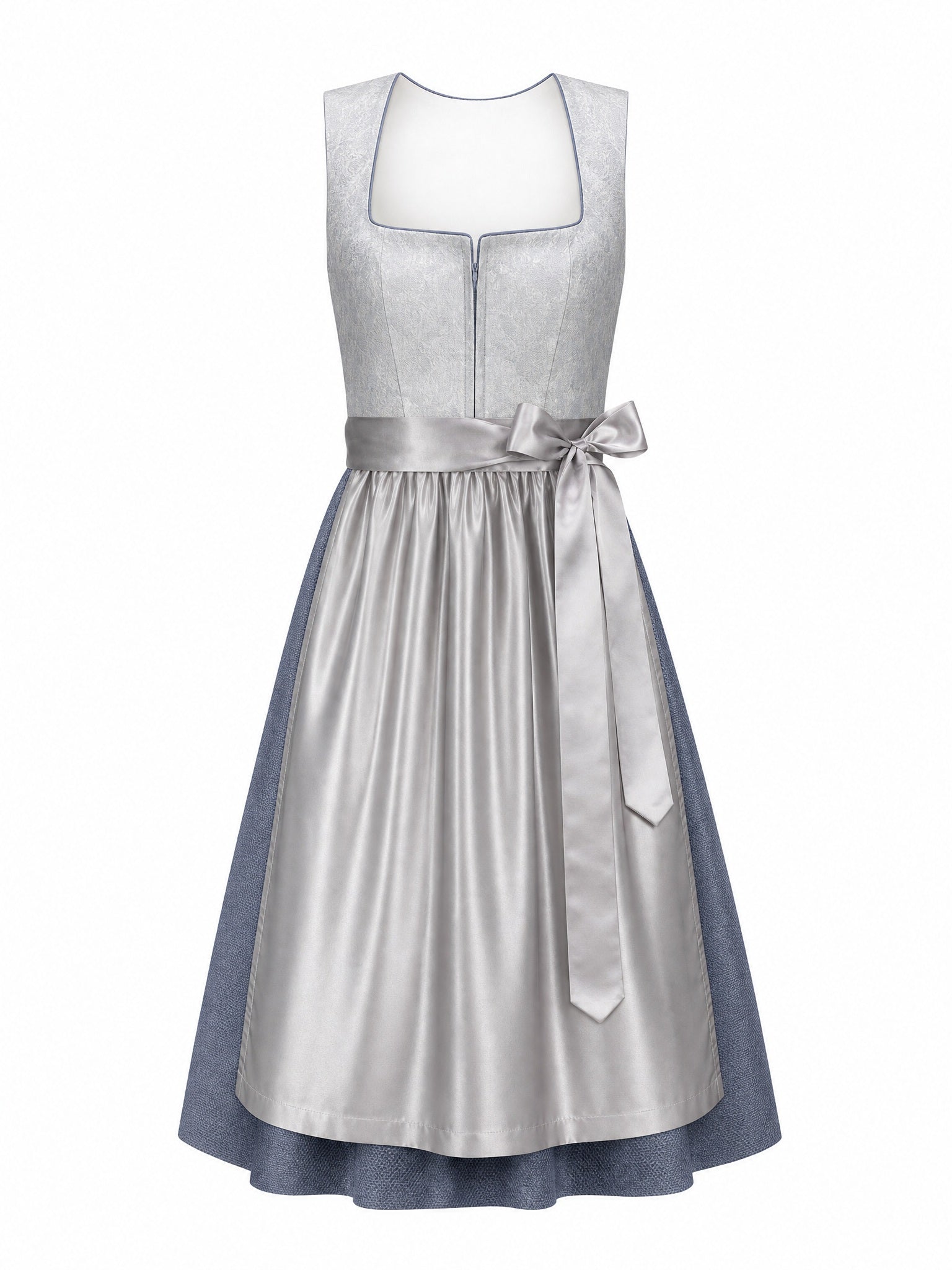 Dirndl Pia in Silberblau mit Perlgrau Schürze - Vorderansicht